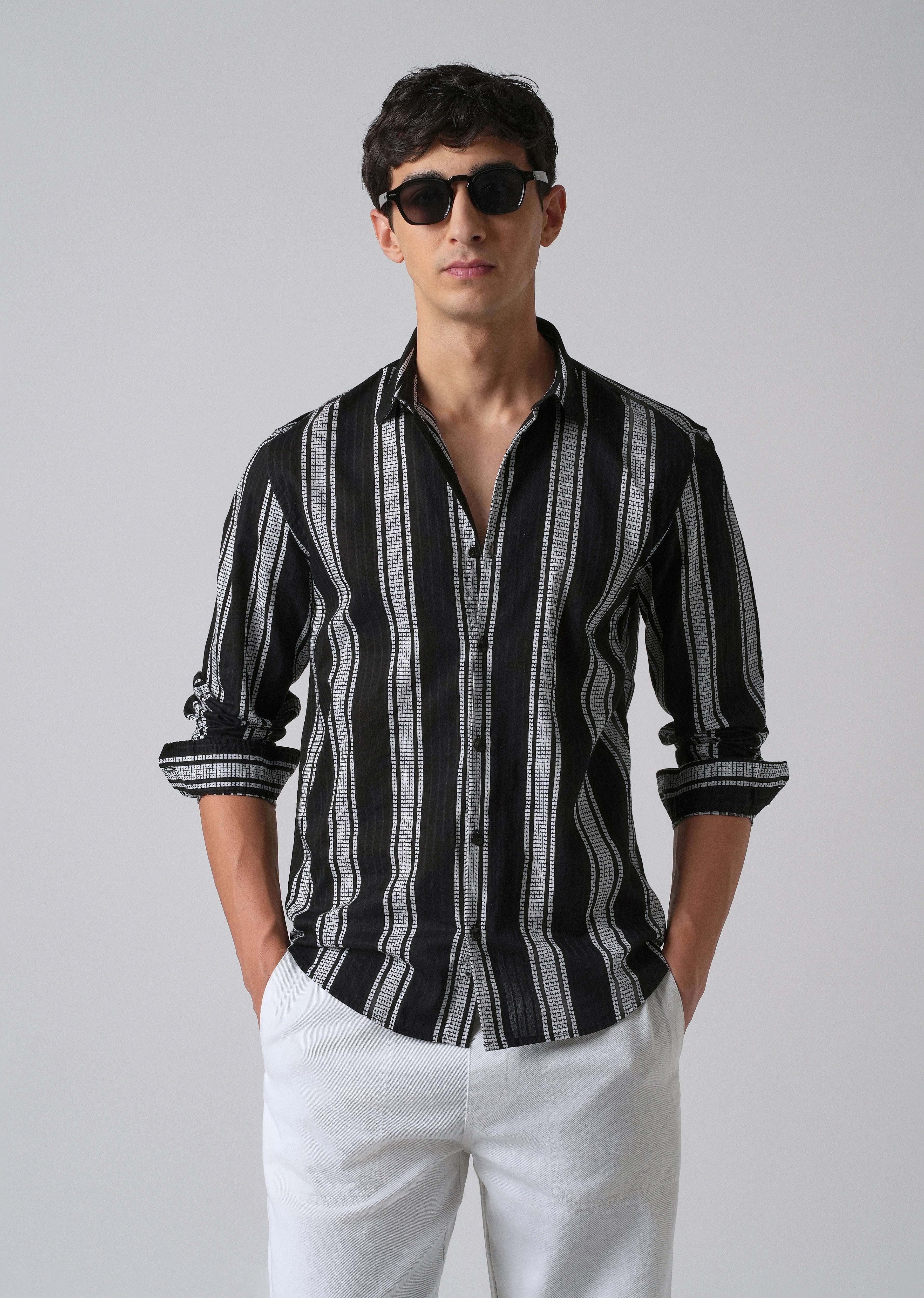 Black Vertical Stripe Cotton/Linen Shirt