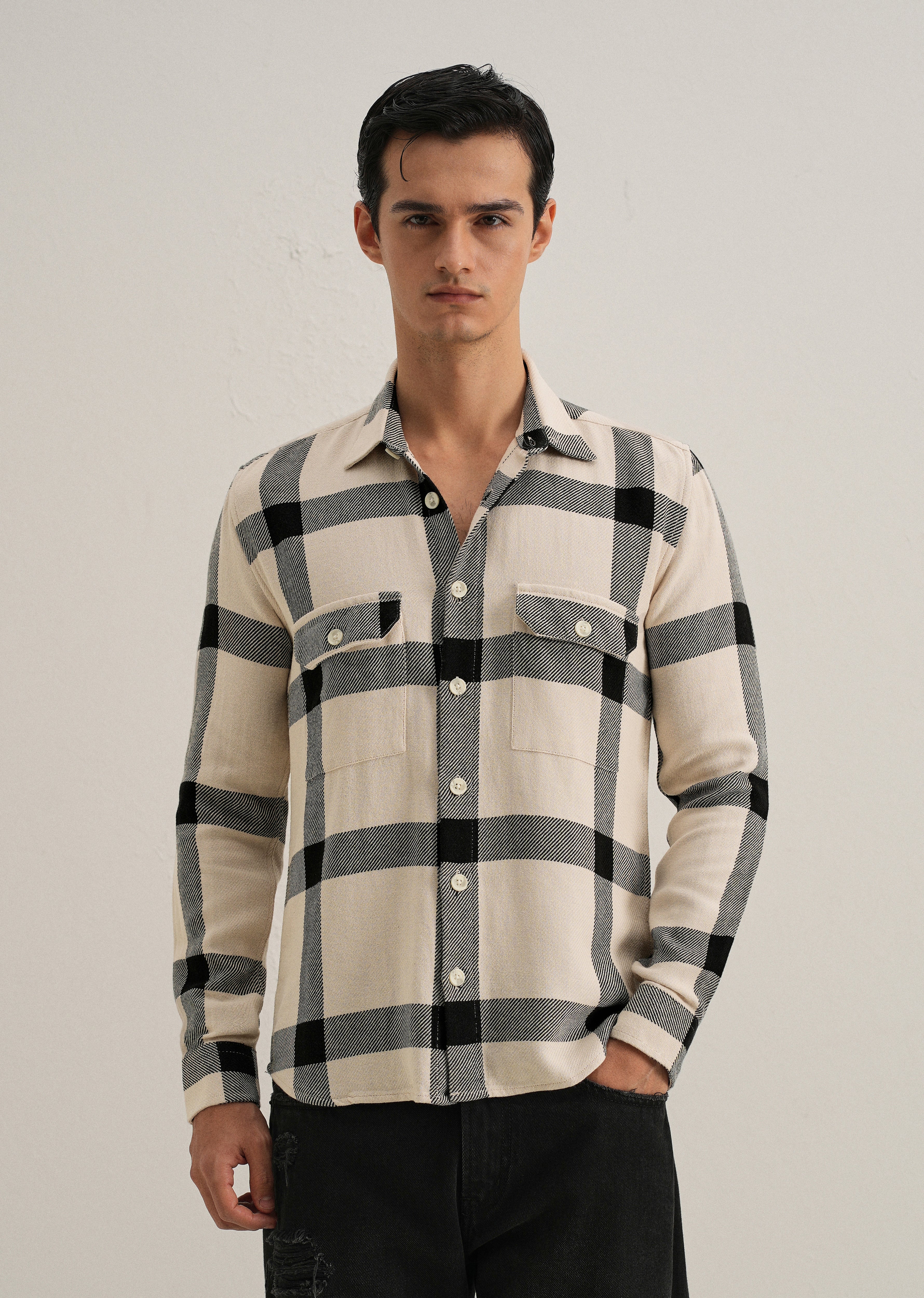 Black & White Brushed Cotton Check Shirt