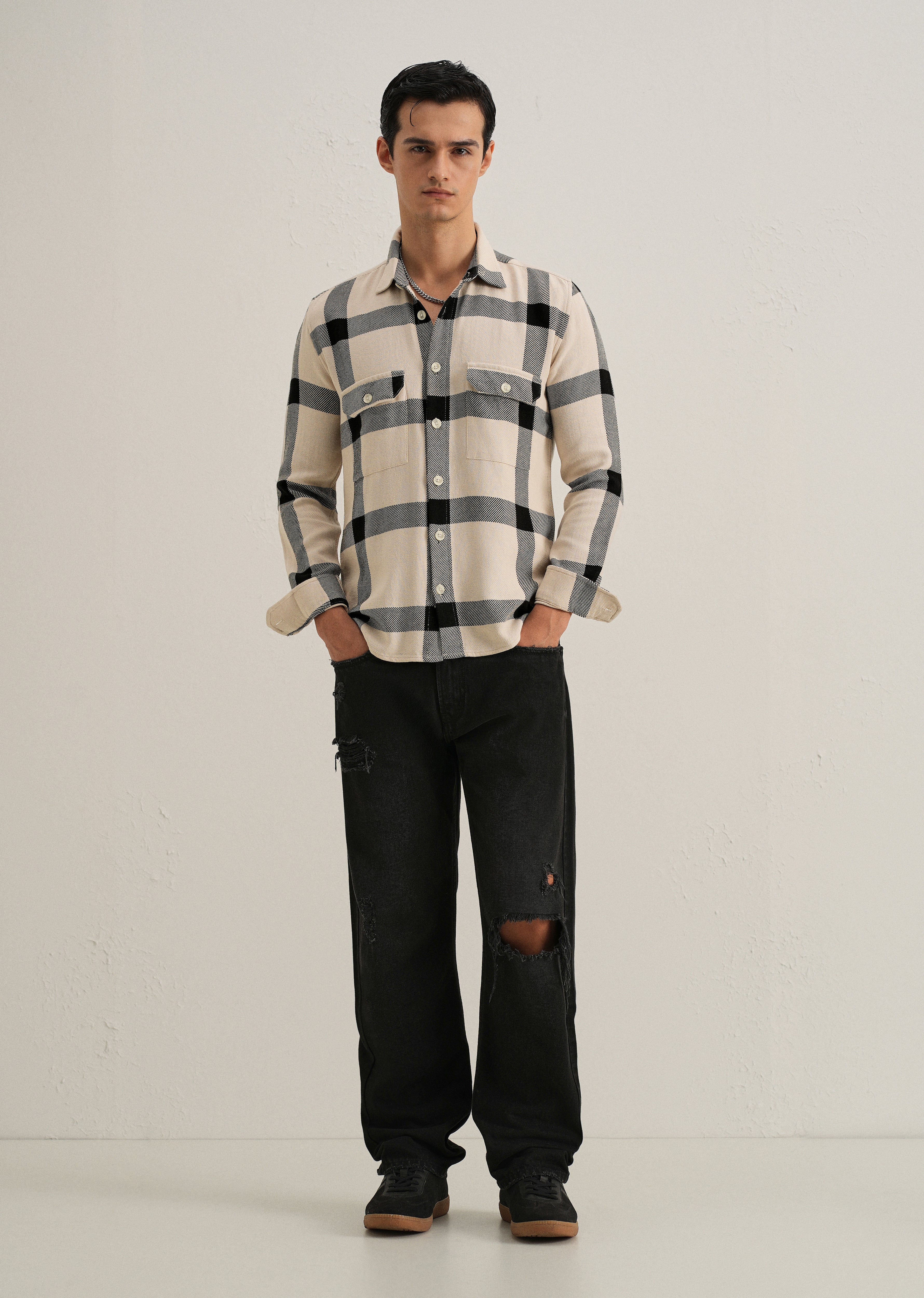 Black & White Brushed Cotton Check Shirt