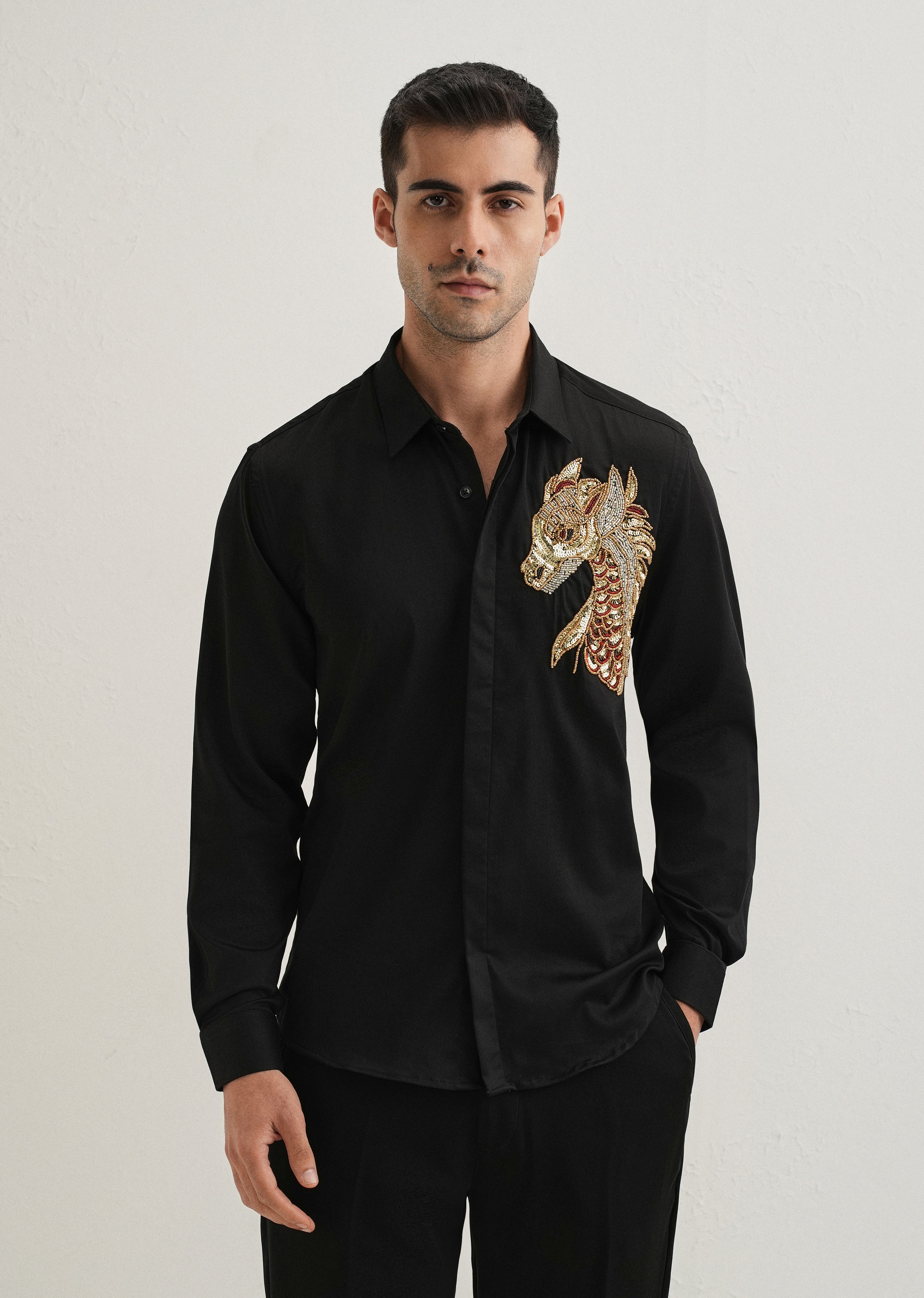 Black Handcrafted Dragon Designer Shirt