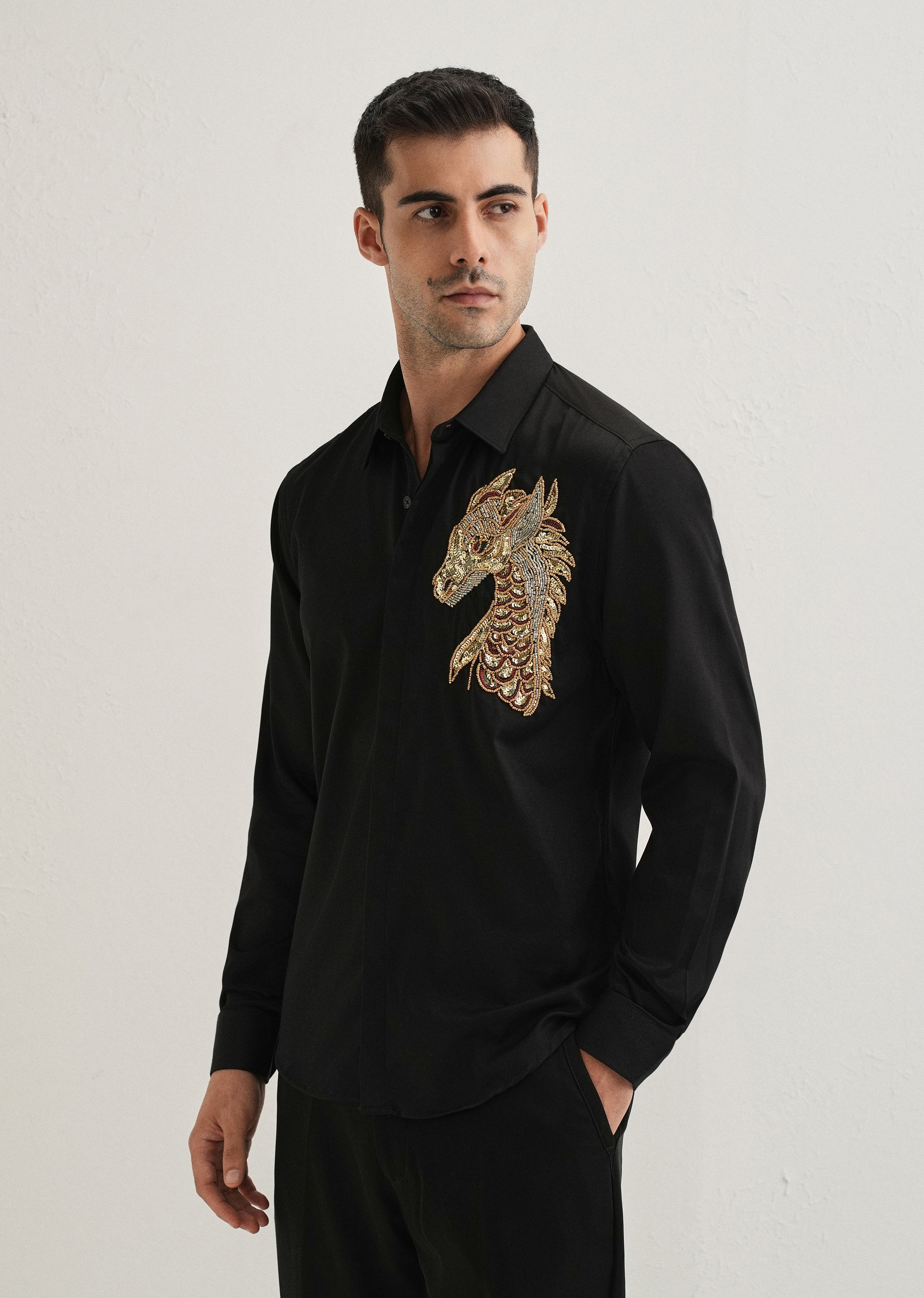 Black Handcrafted Dragon Designer Shirt