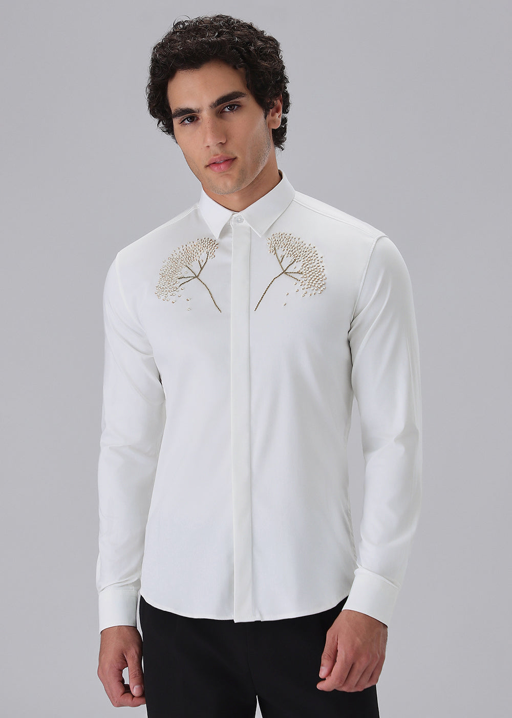 Hand Embroidered White Designer Shirt