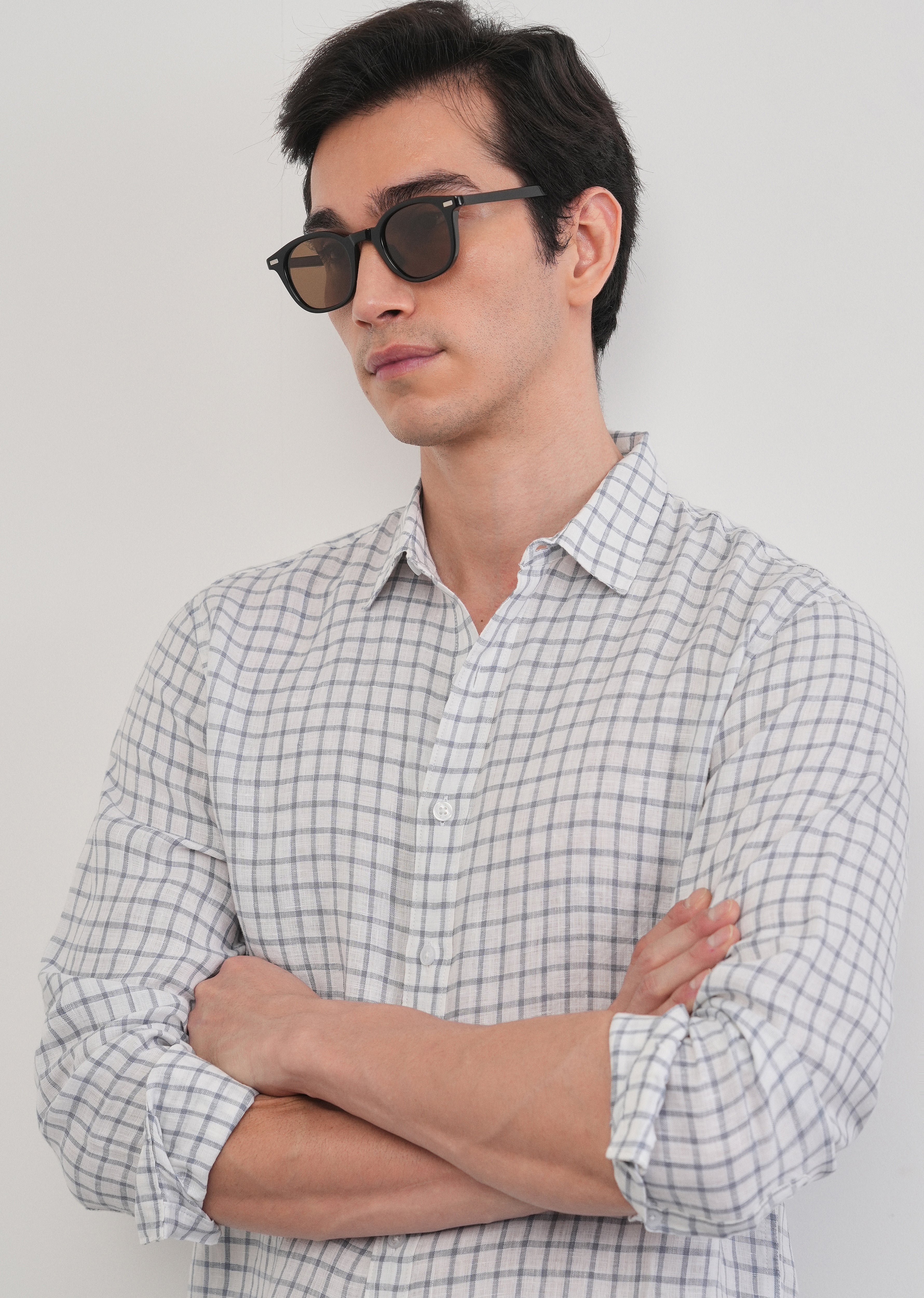 Blue 100% Pure Linen Check Shirt