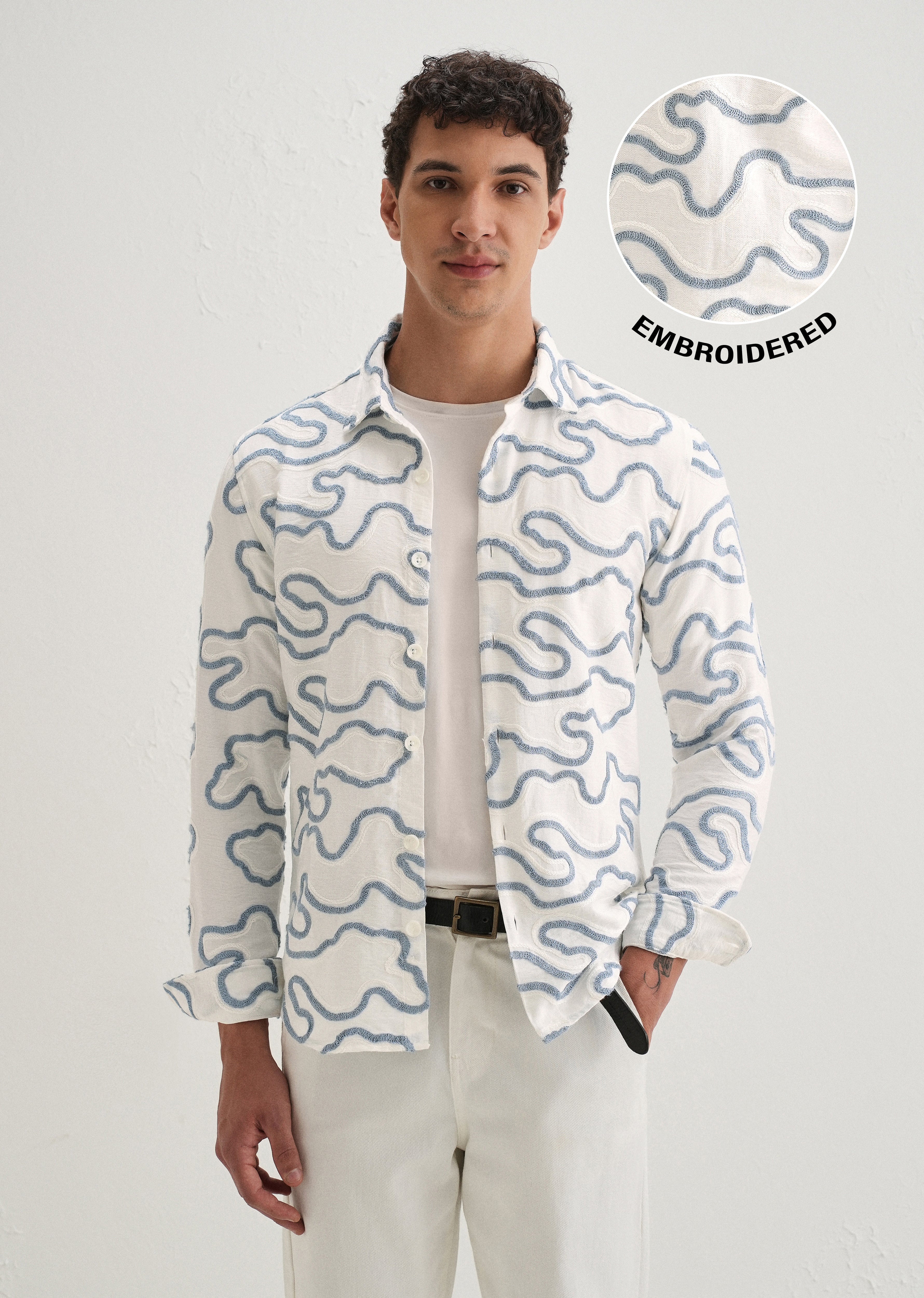 Blue Artistic Abstract Embroidery Shirt