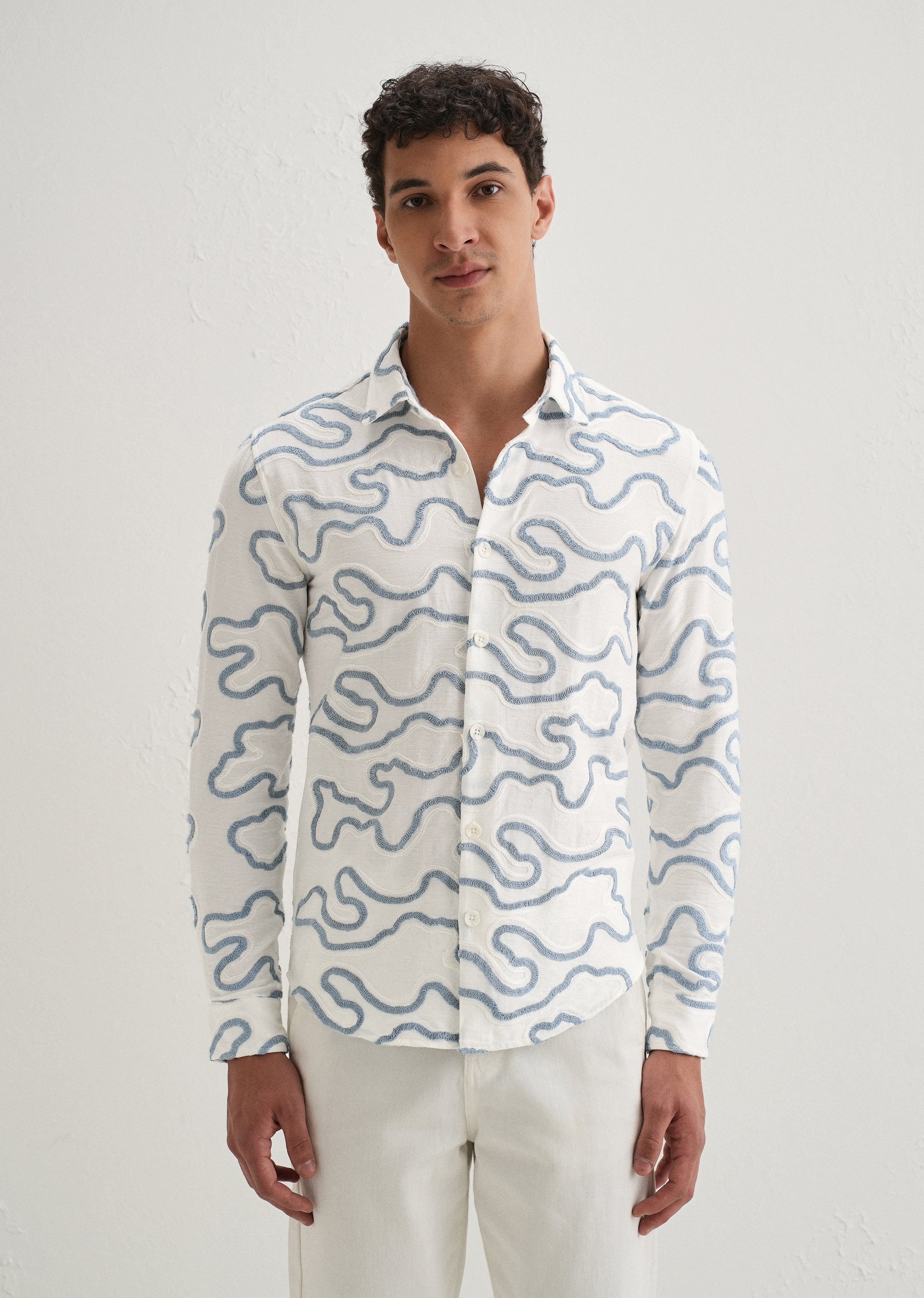 Blue Artistic Abstract Embroidery Shirt