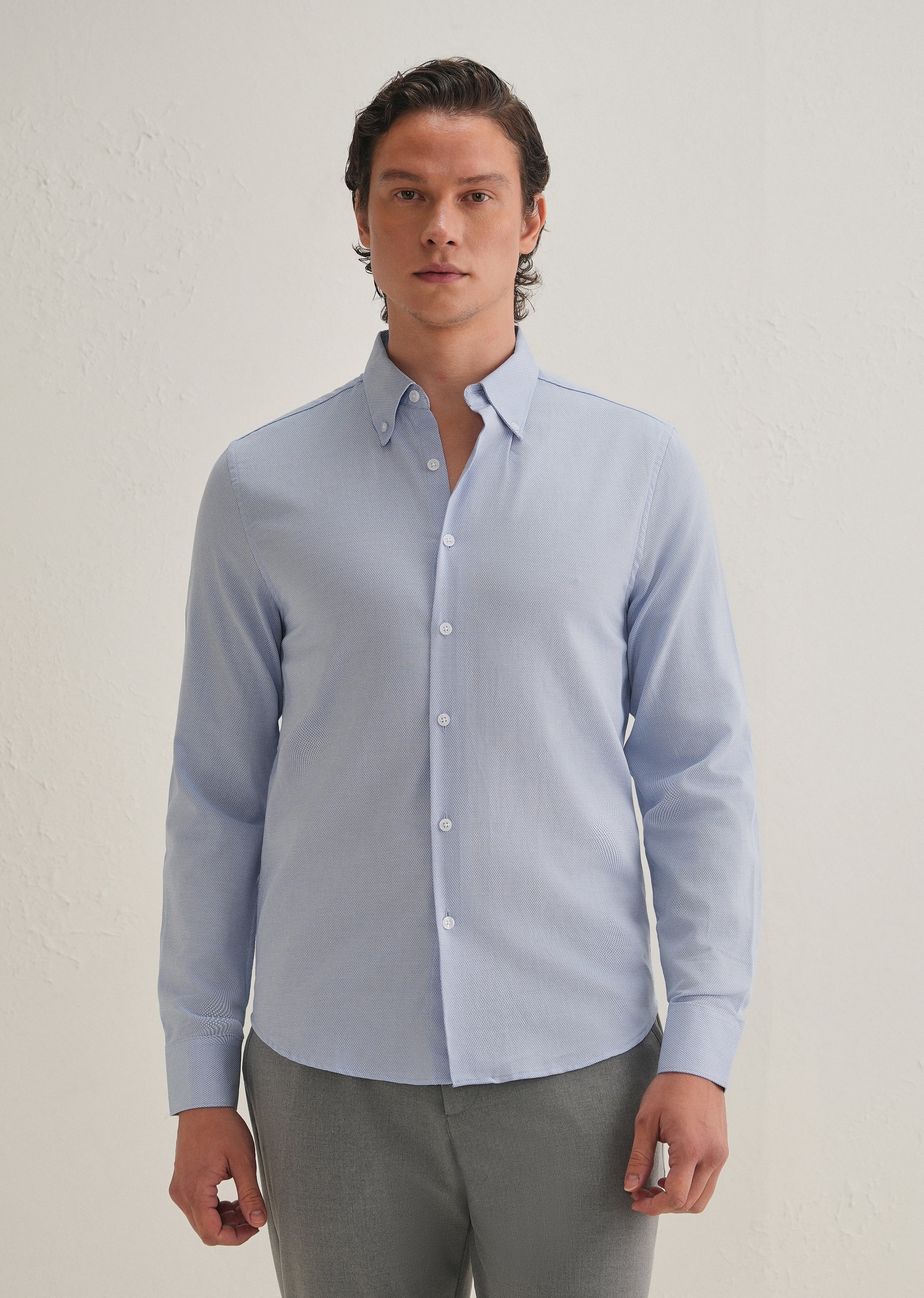 Blue Basket Weave Dobby Cotton Shirt