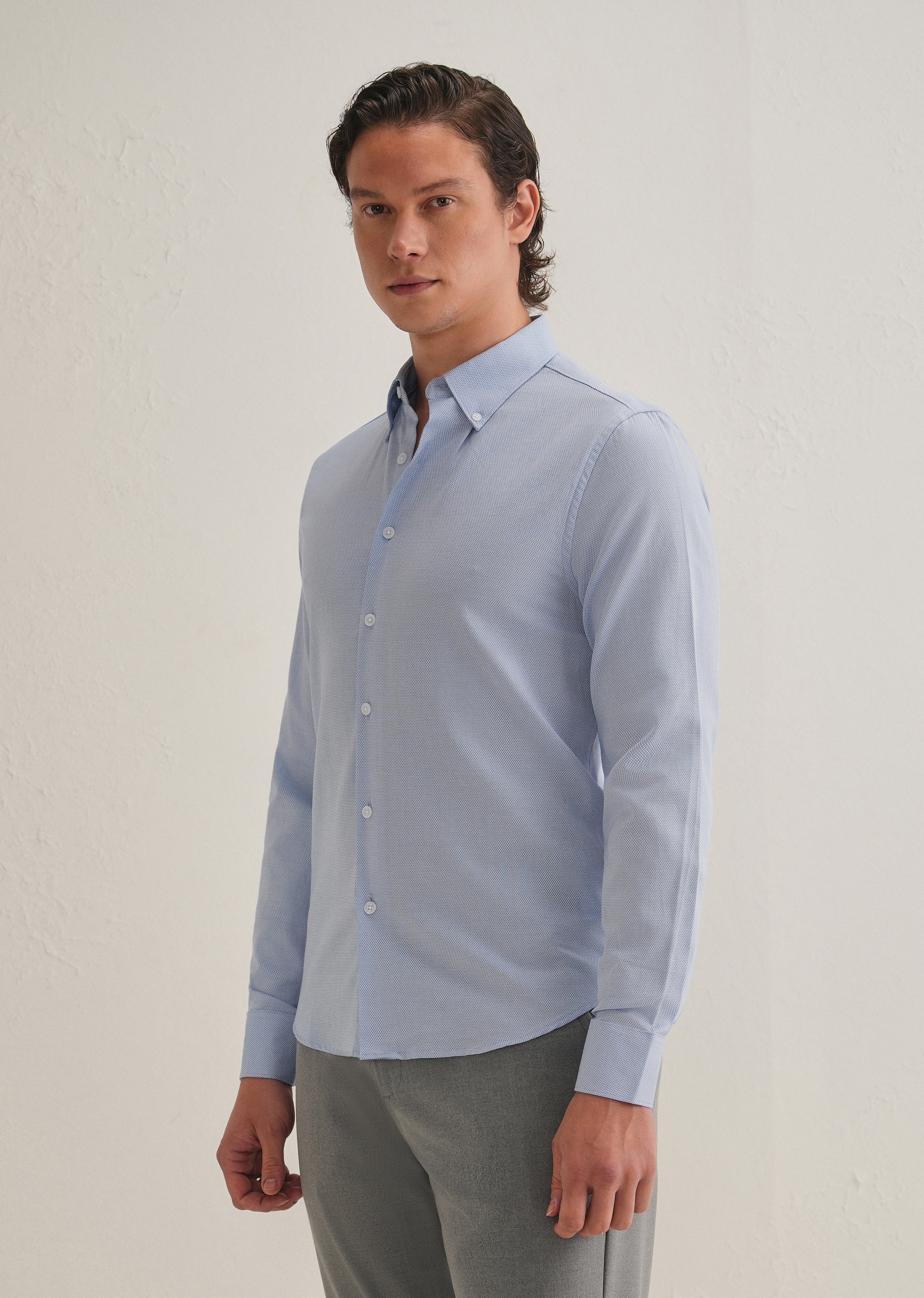Blue Basket Weave Dobby Cotton Shirt