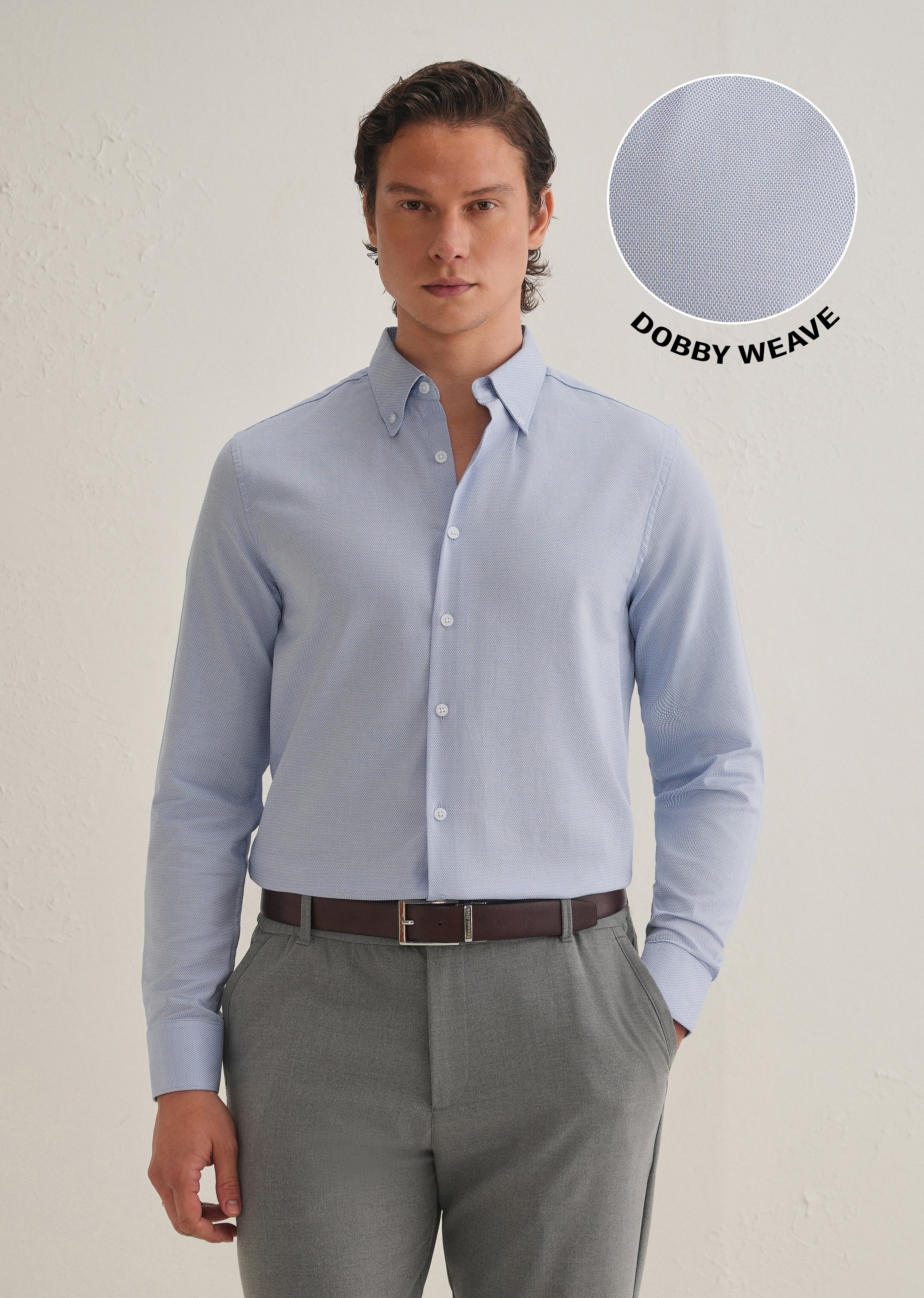 Blue Basket Weave Dobby Cotton Shirt