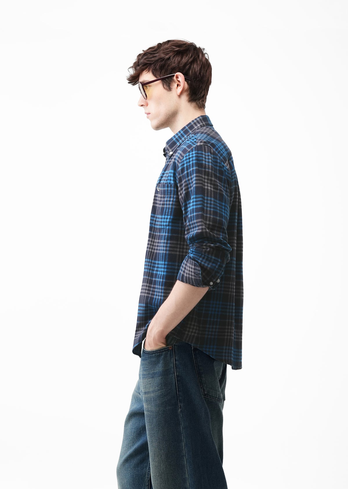 Blue Cotton Plaid Check Shirt