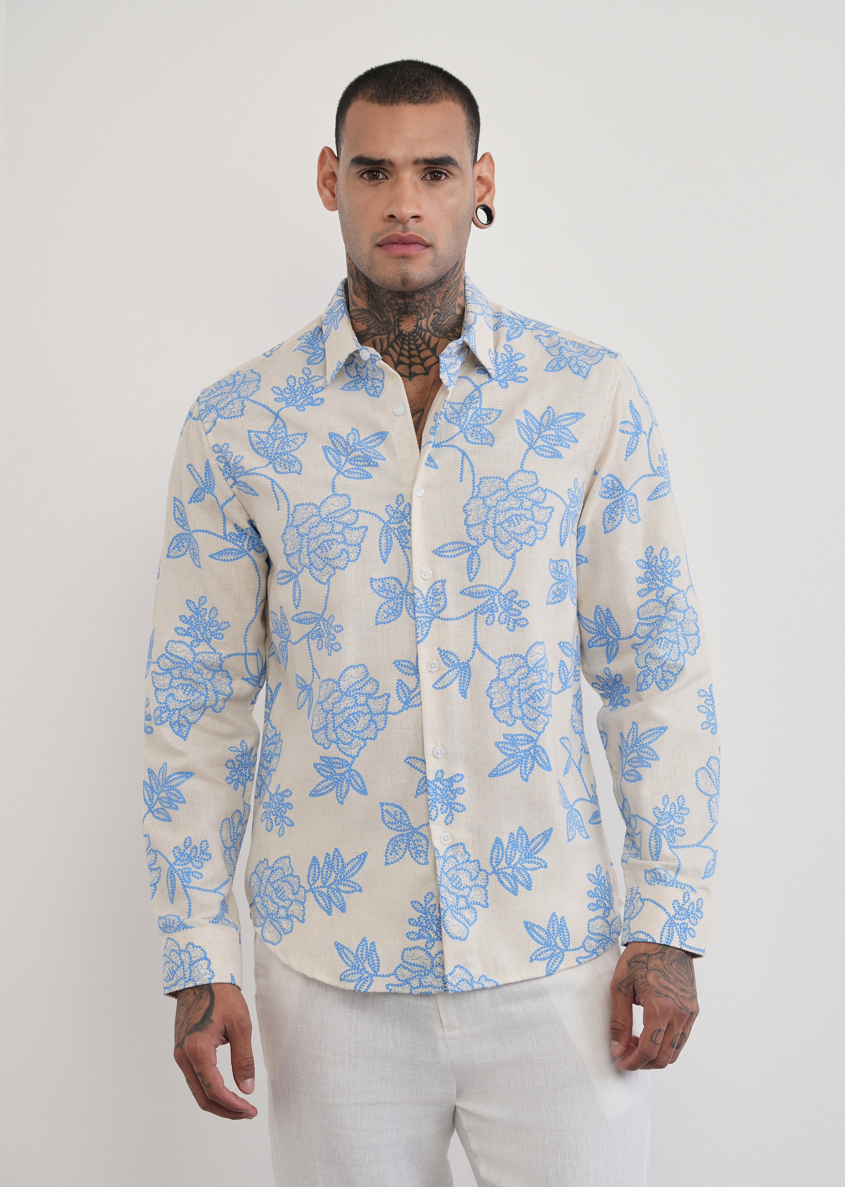 Blue Blended Linen Floral Print Shirt