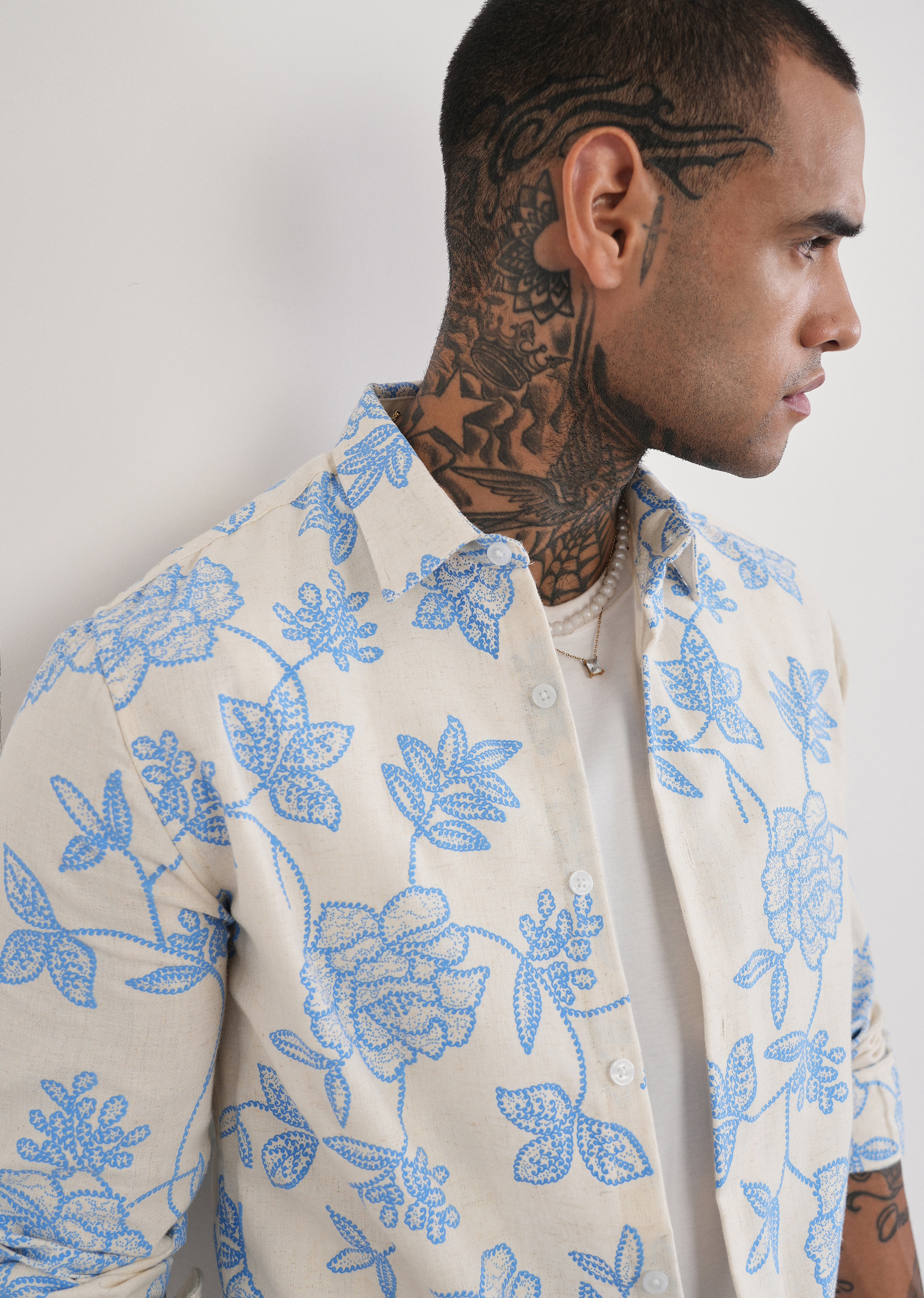 Blue Blended Linen Floral Print Shirt