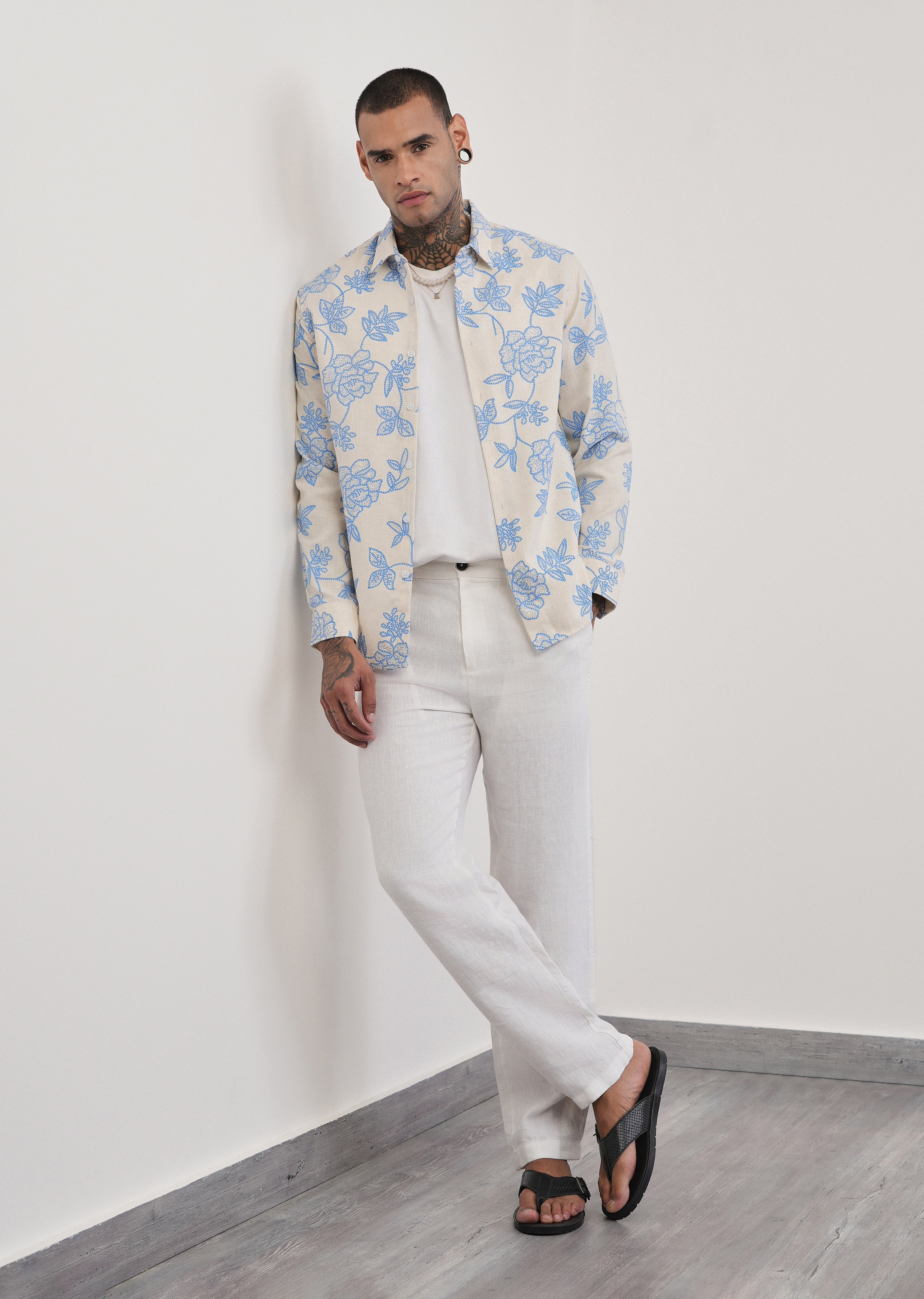 Blue Blended Linen Floral Print Shirt