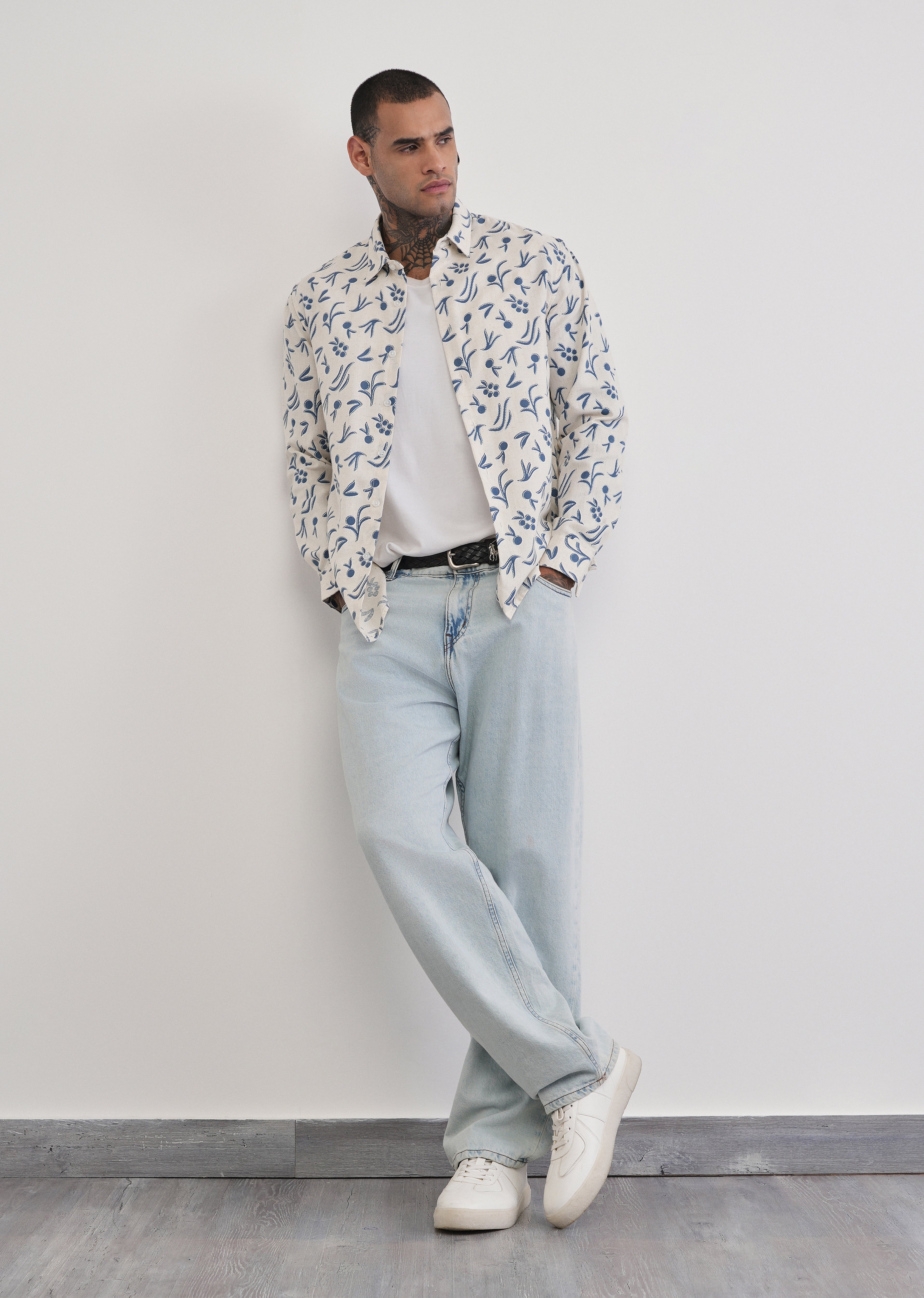 Blue Blended Linen Printed Shirt