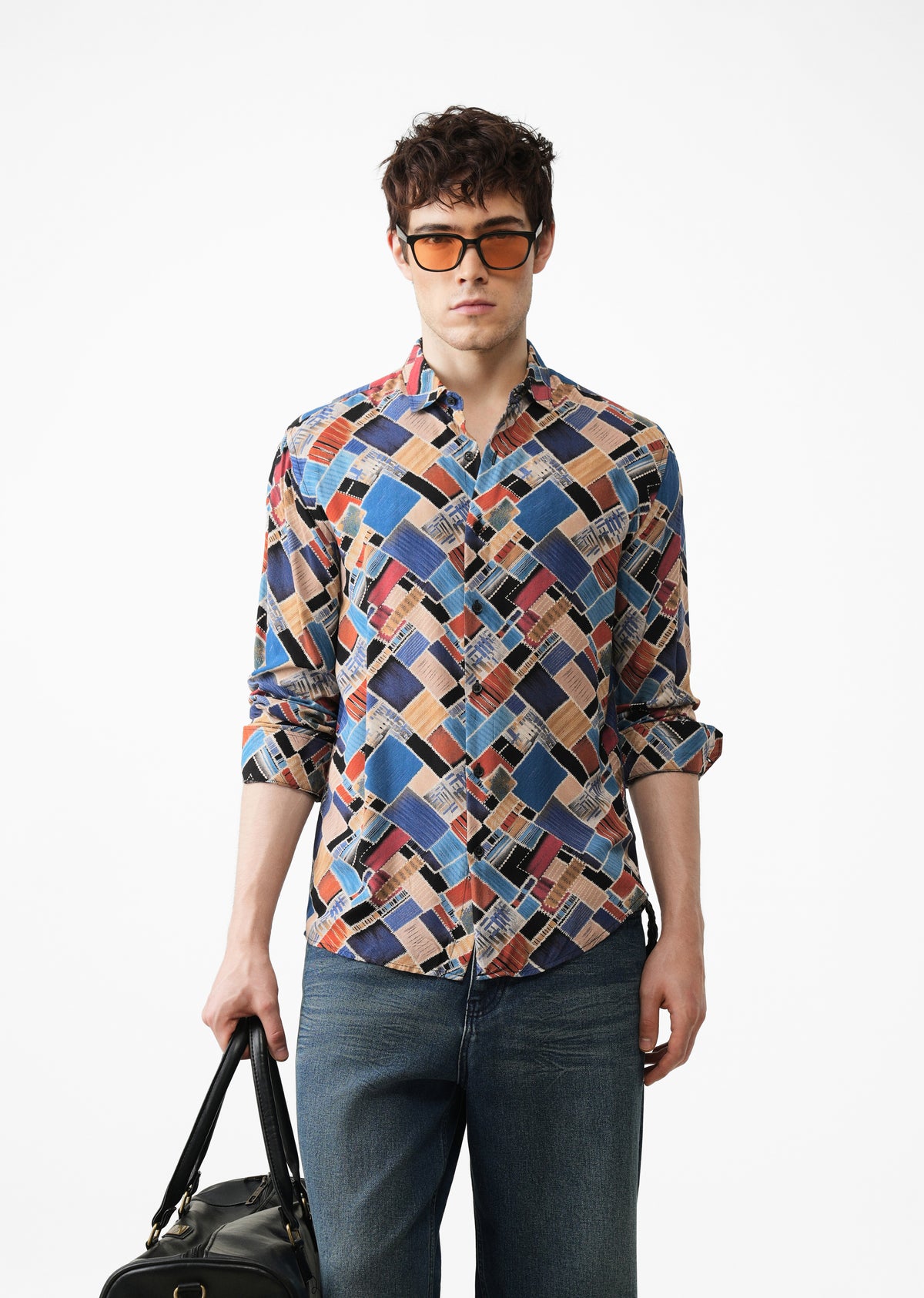 Blue Block Feather Print Shirt