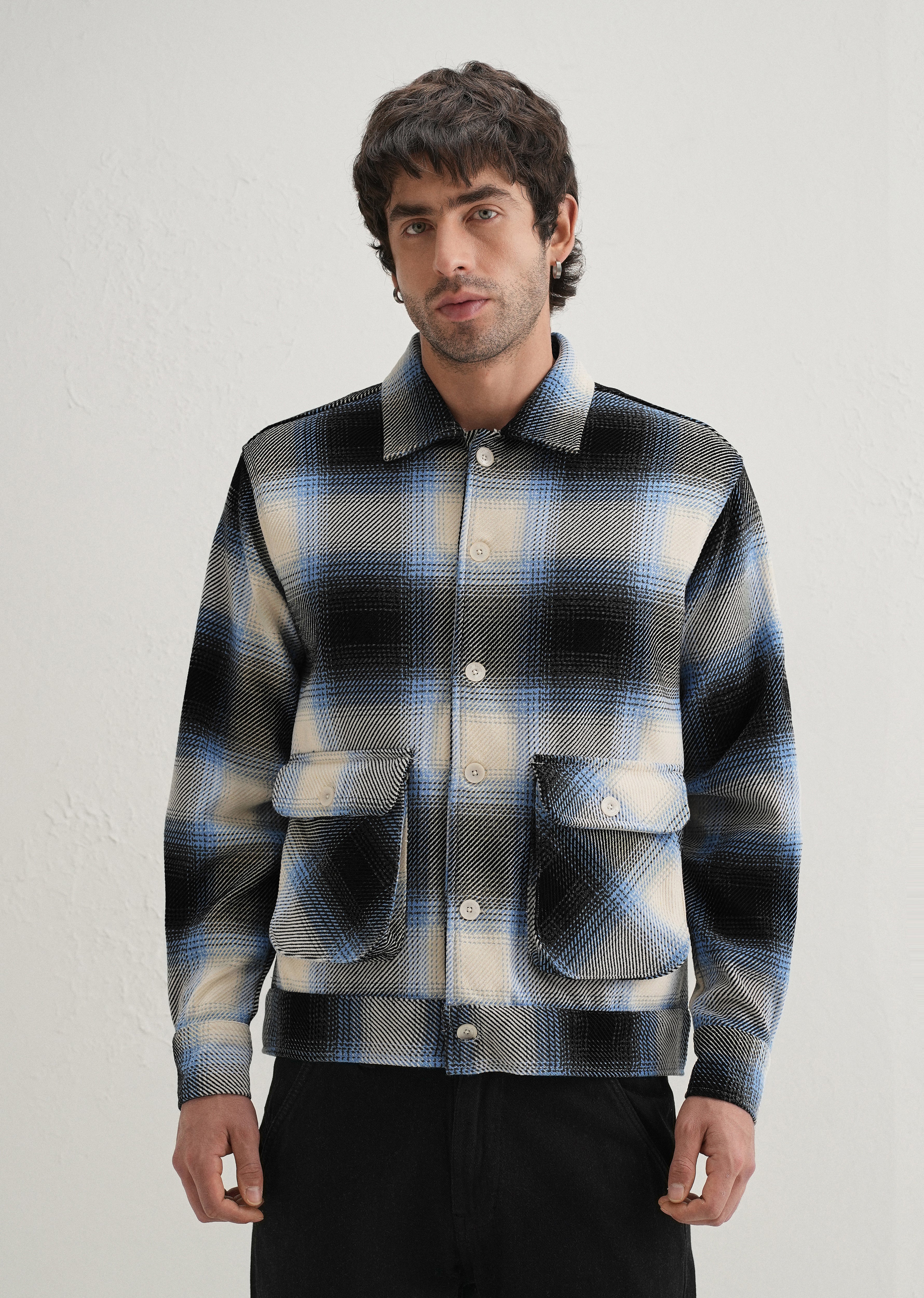 Blue Brushed Check Utility Shacket