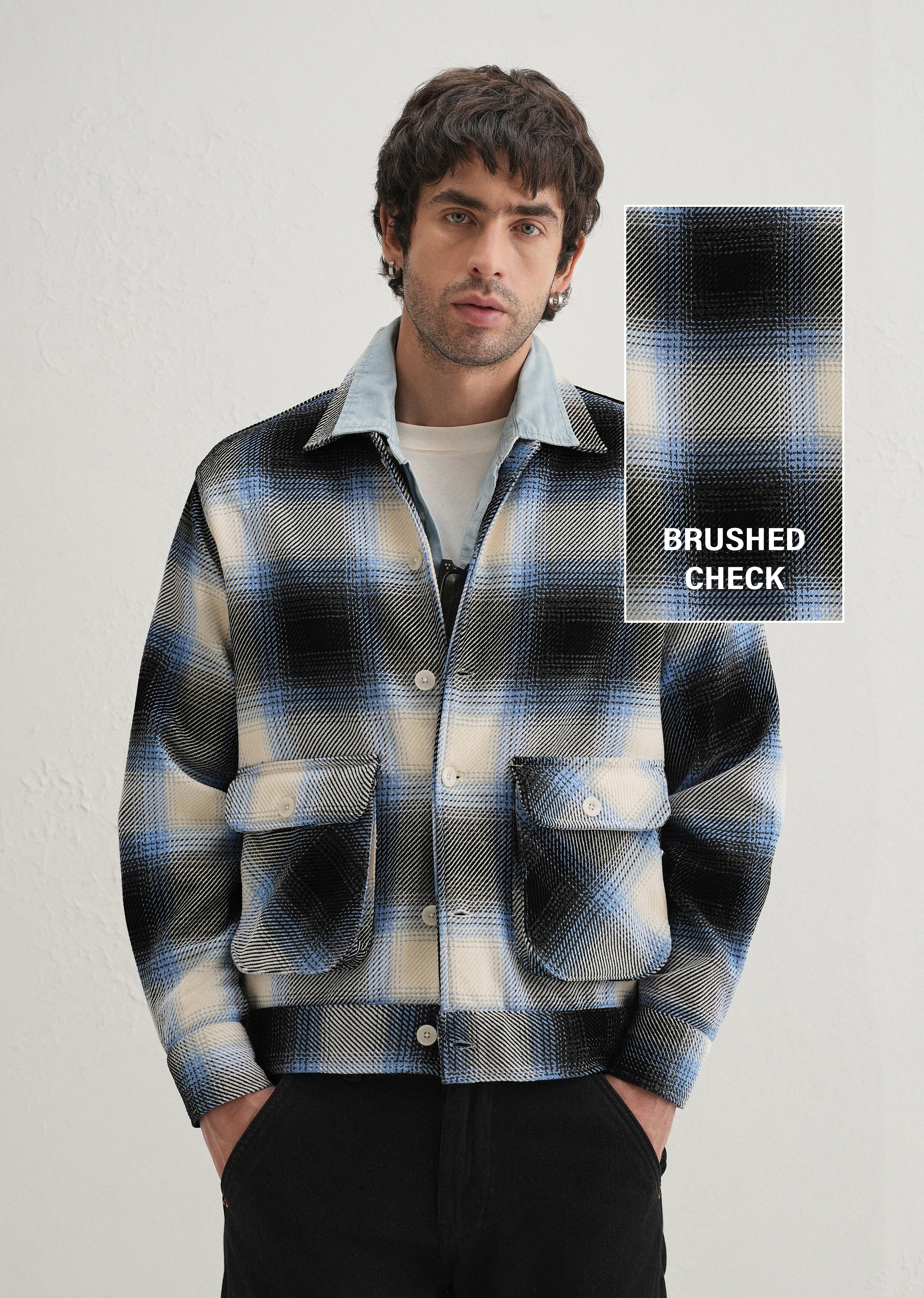 Blue Brushed Check Utility Shacket