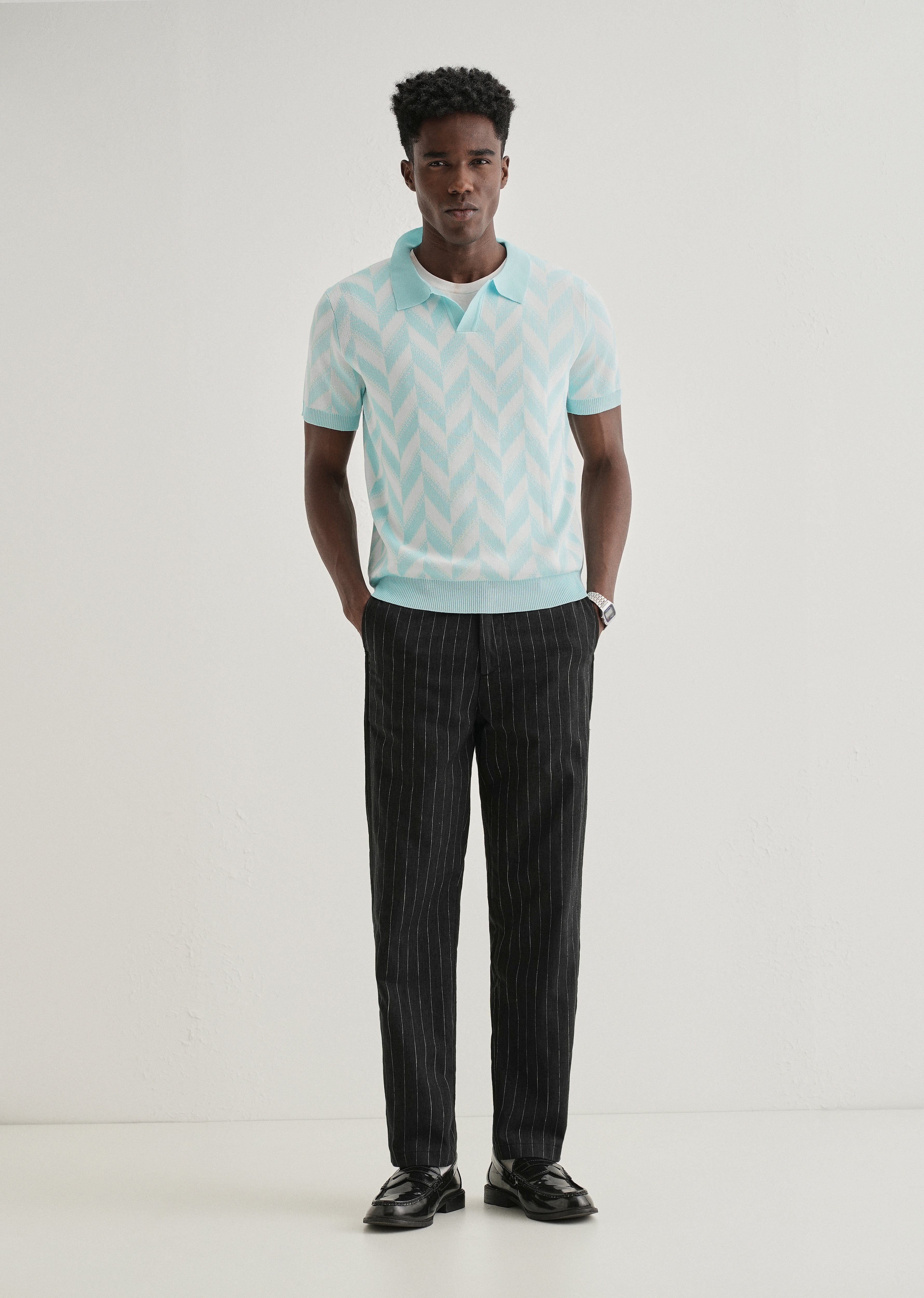 Blue Chevron Knitted Polo T-shirt