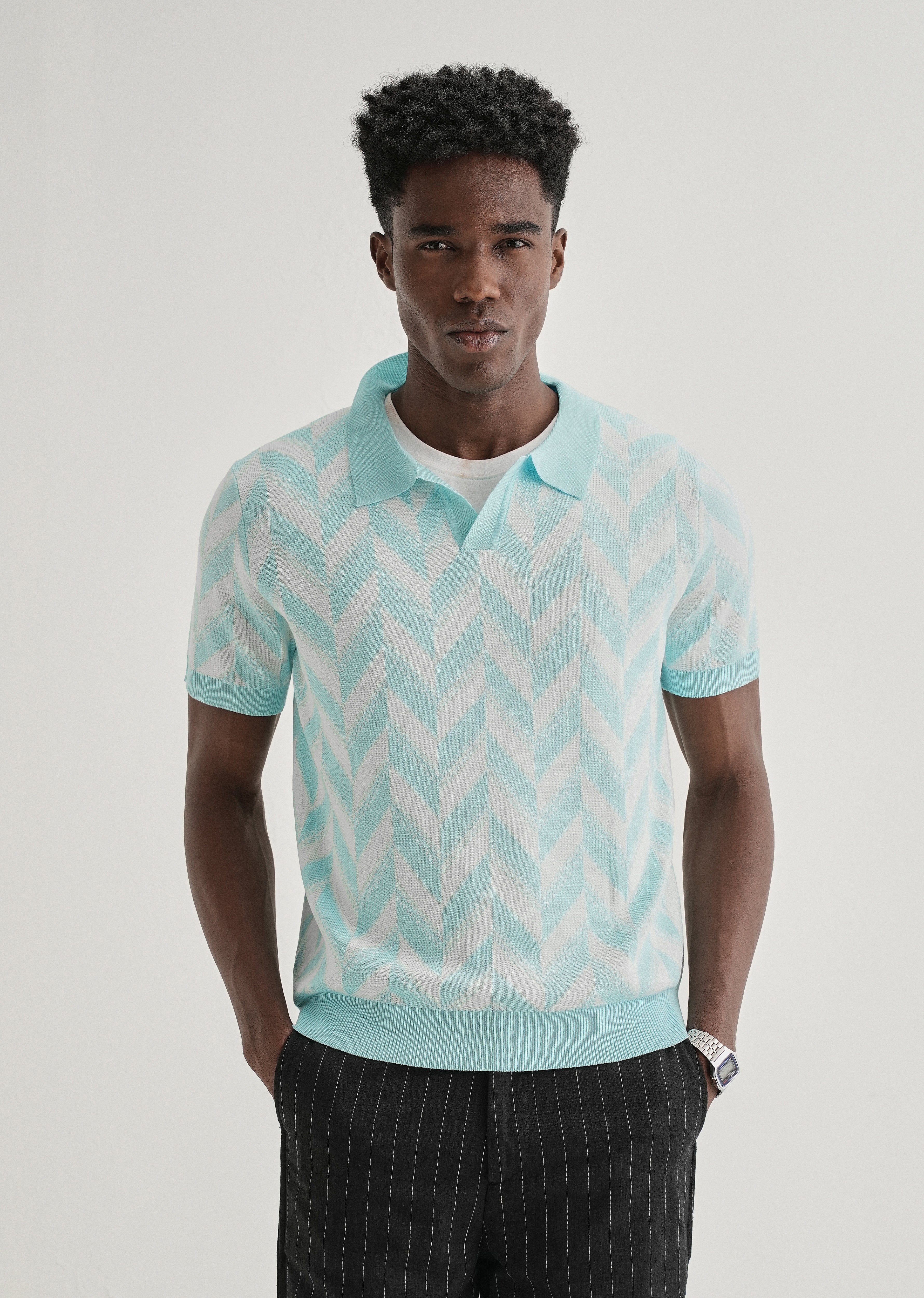 Blue Chevron Knitted Polo T-shirt