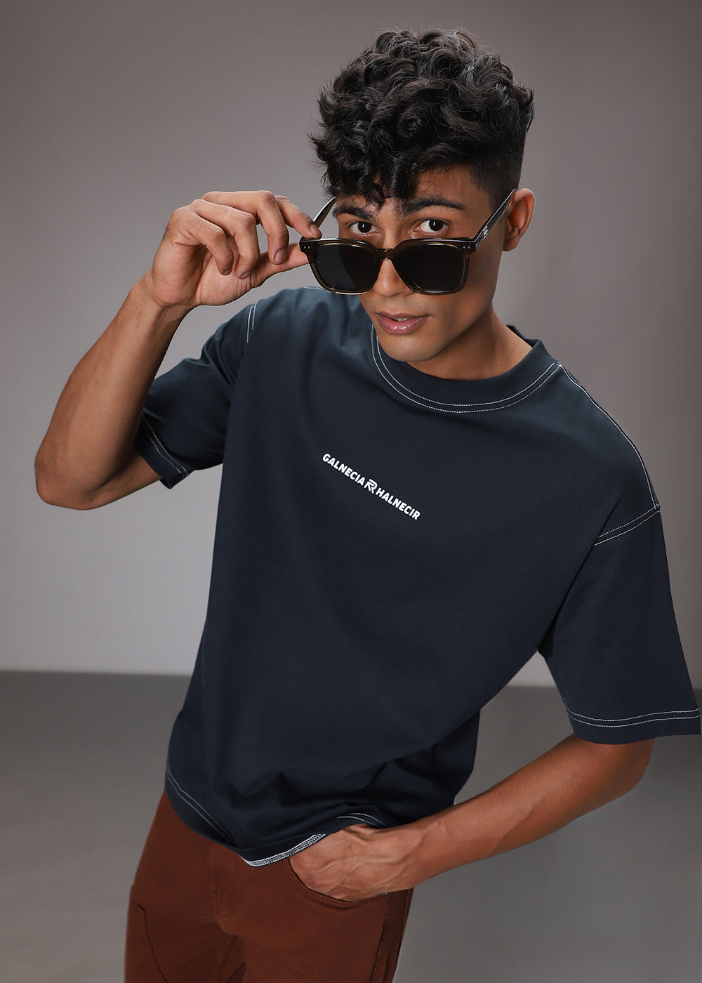 Blue Contrast Thread Oversized T-shirt