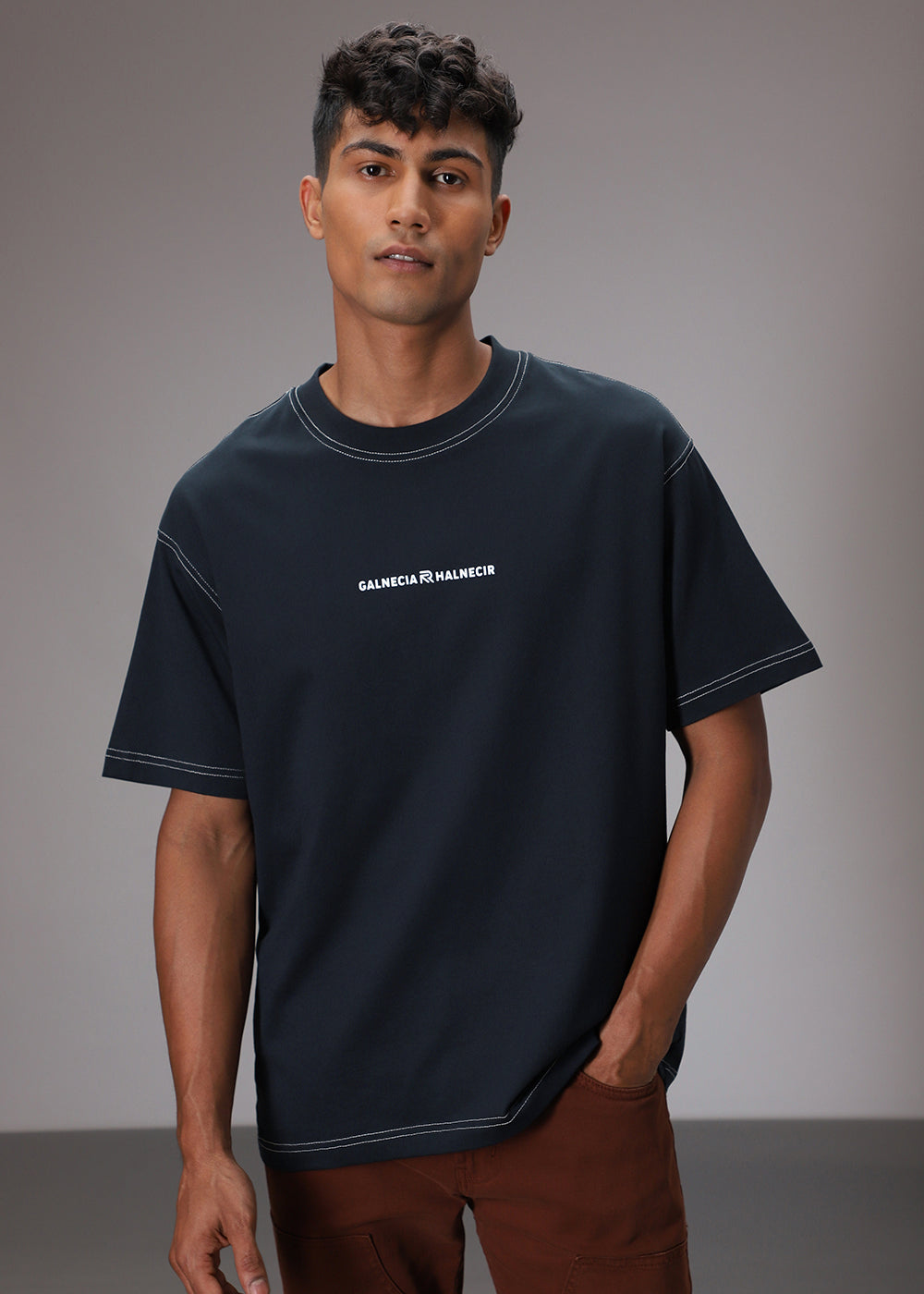 Blue Contrast Thread Oversized T-shirt