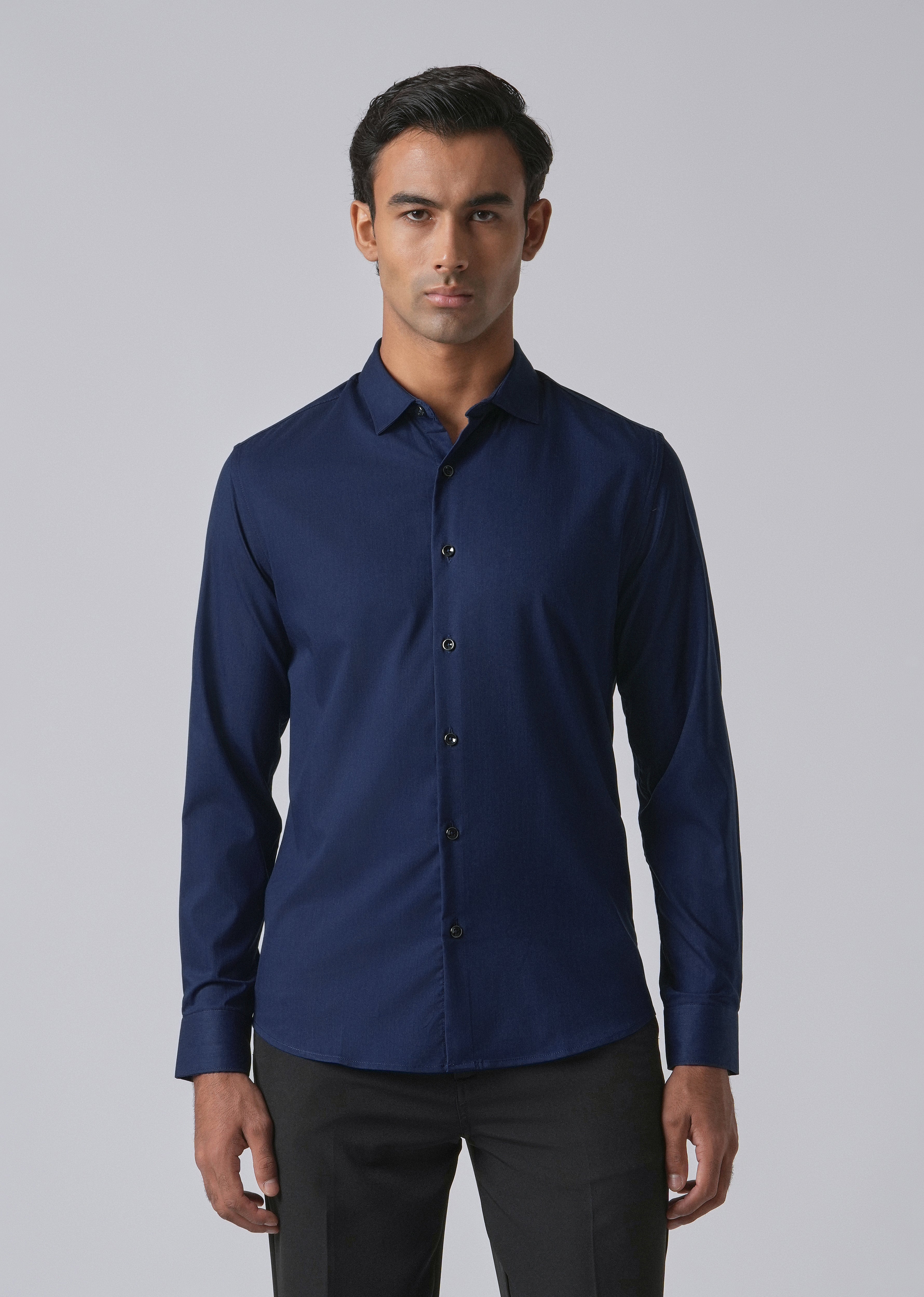 Blue Cotton Stretch Plain Shirt