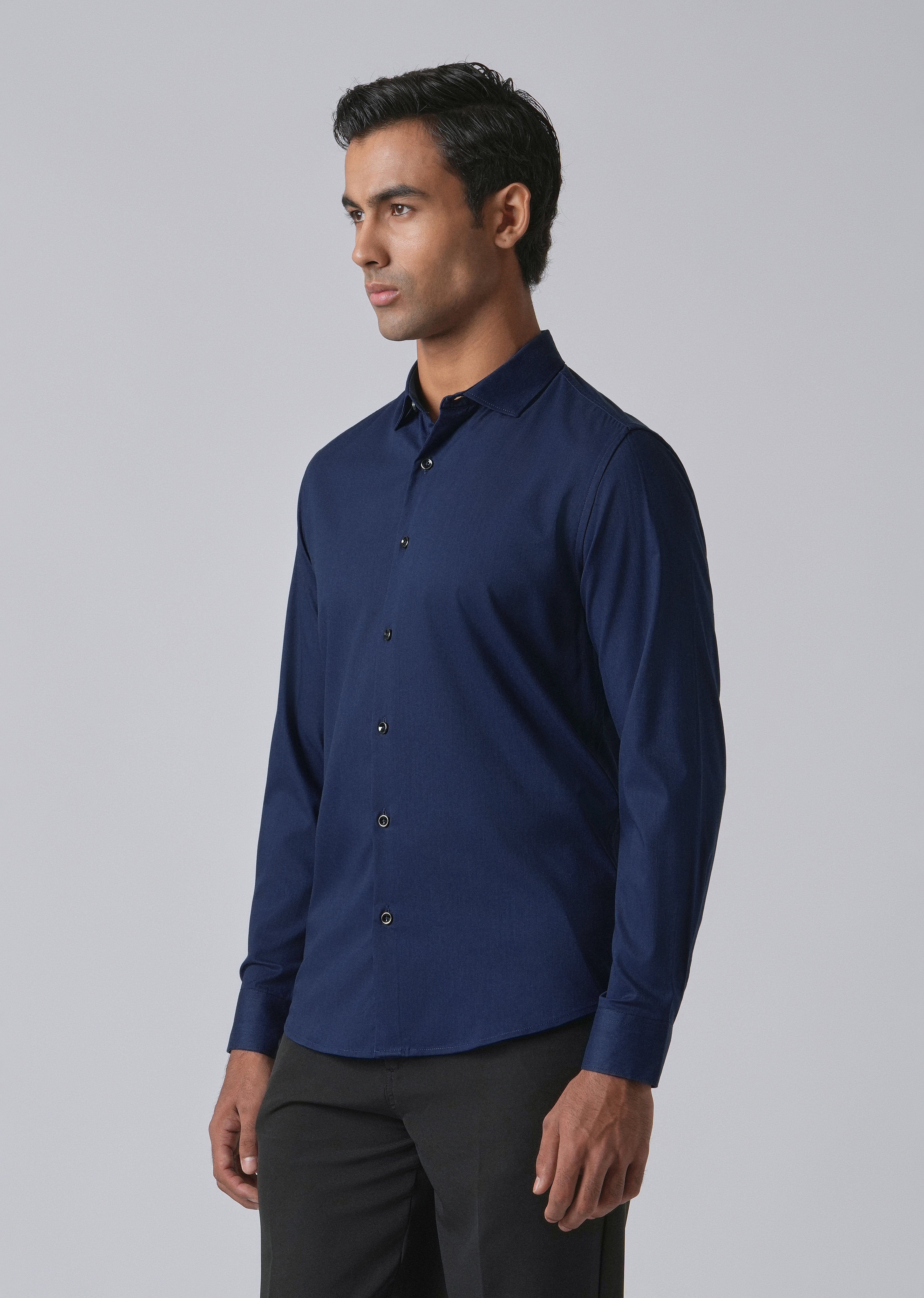 Blue Cotton Stretch Plain Shirt