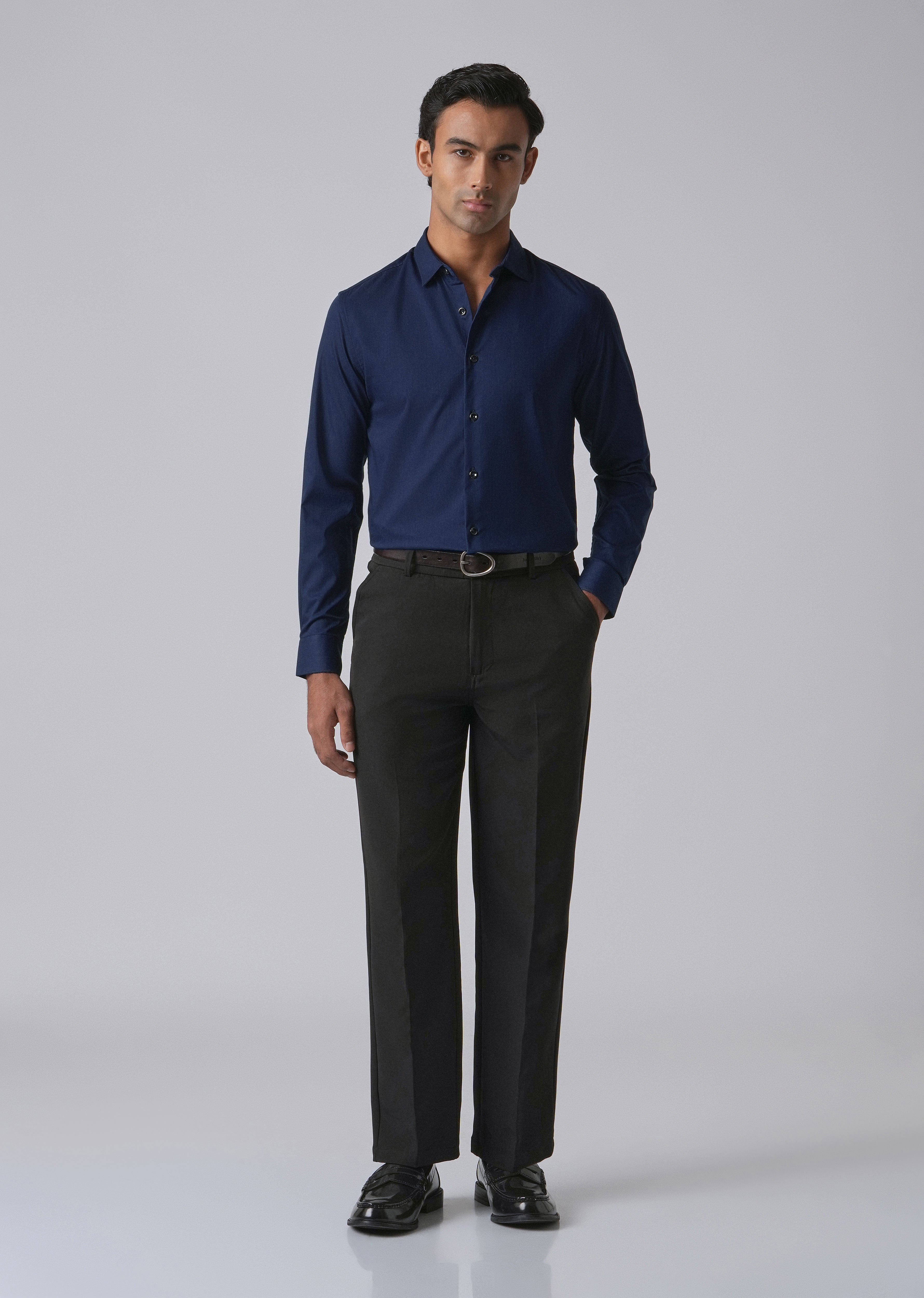 Blue Cotton Stretch Plain Shirt