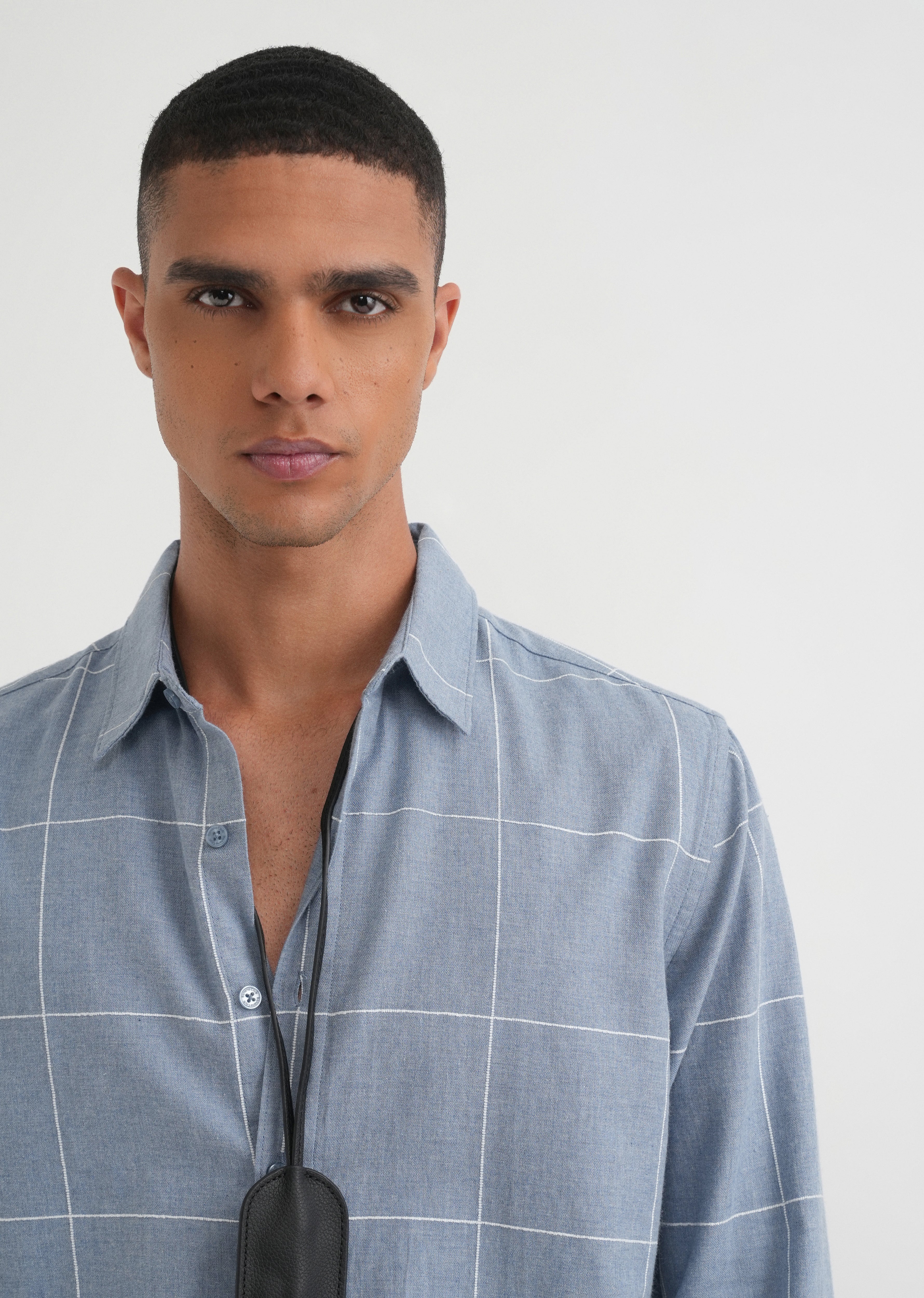 Blue Cotton Windowpane Check Shirt