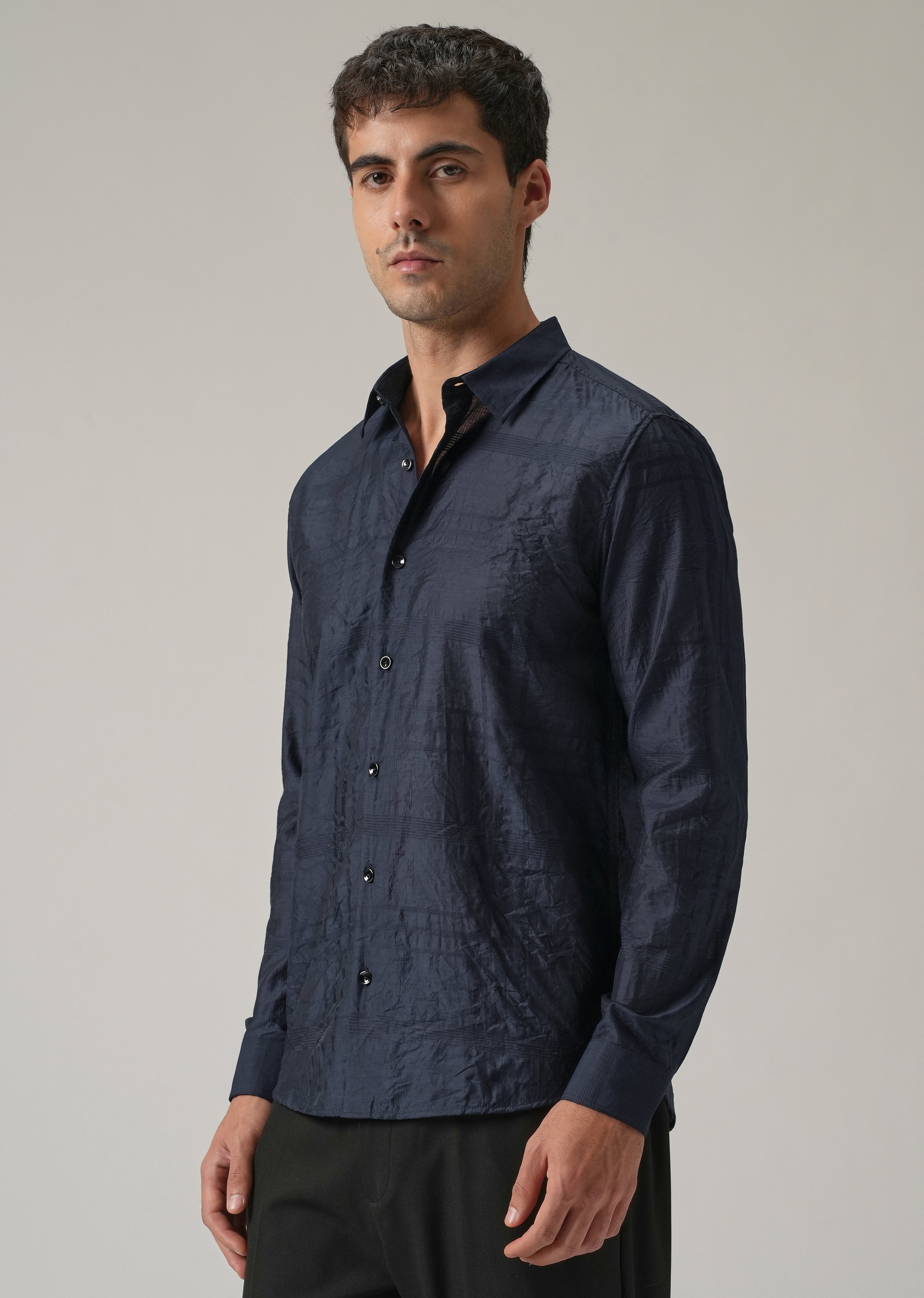 Blue Crinkled Self Stripe Shirt