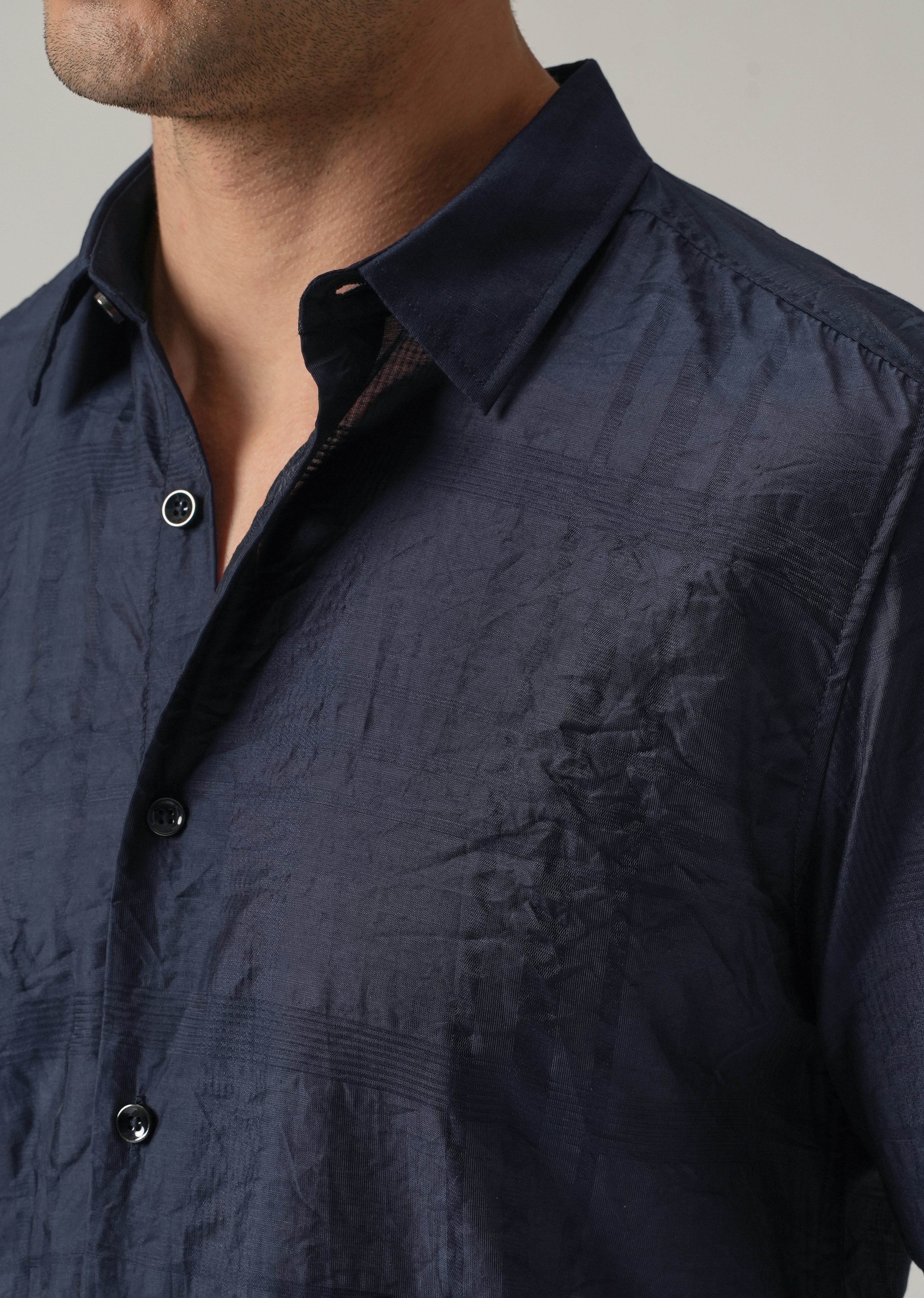 Blue Crinkled Self Stripe Shirt