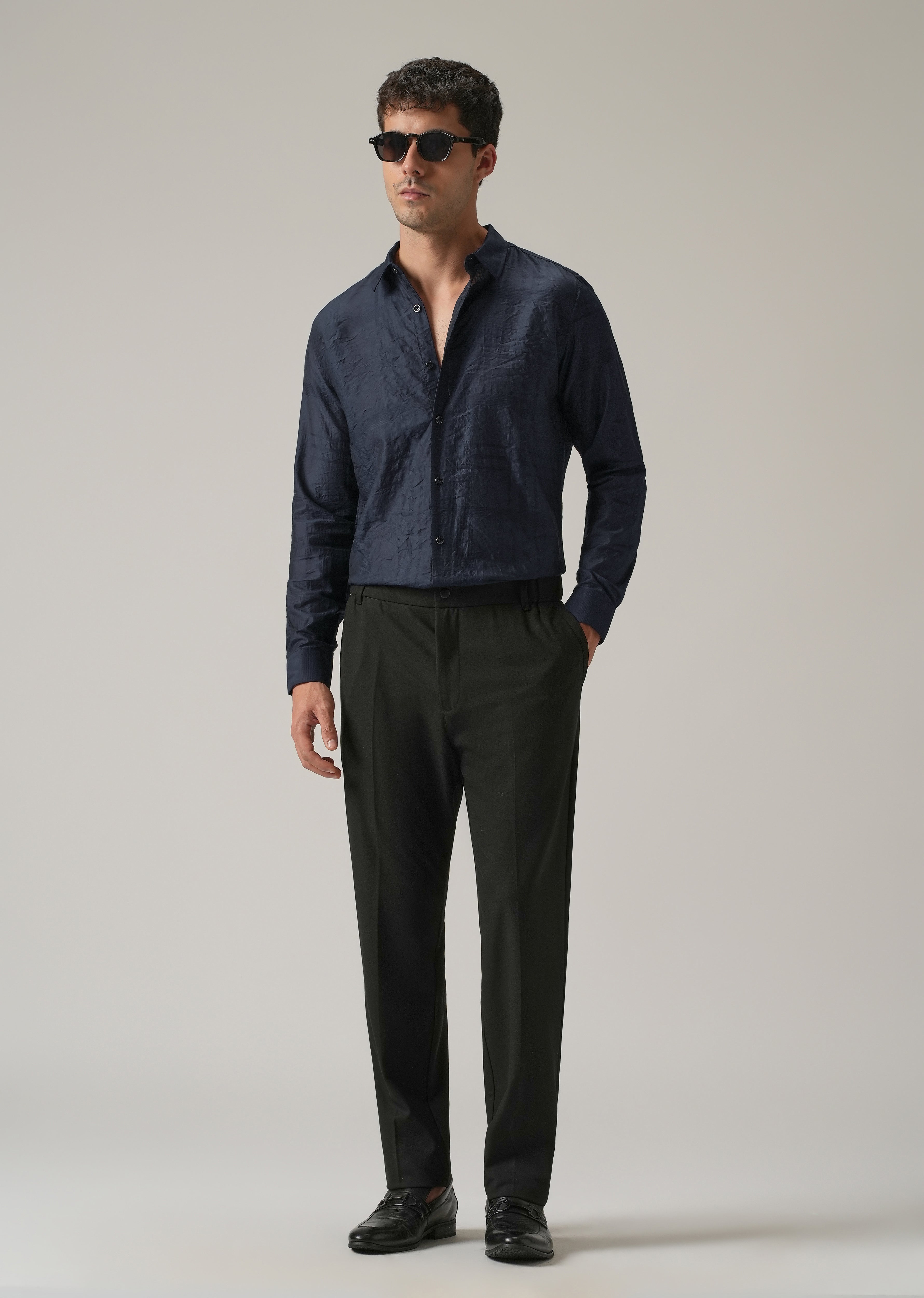 Blue Crinkled Self Stripe Shirt