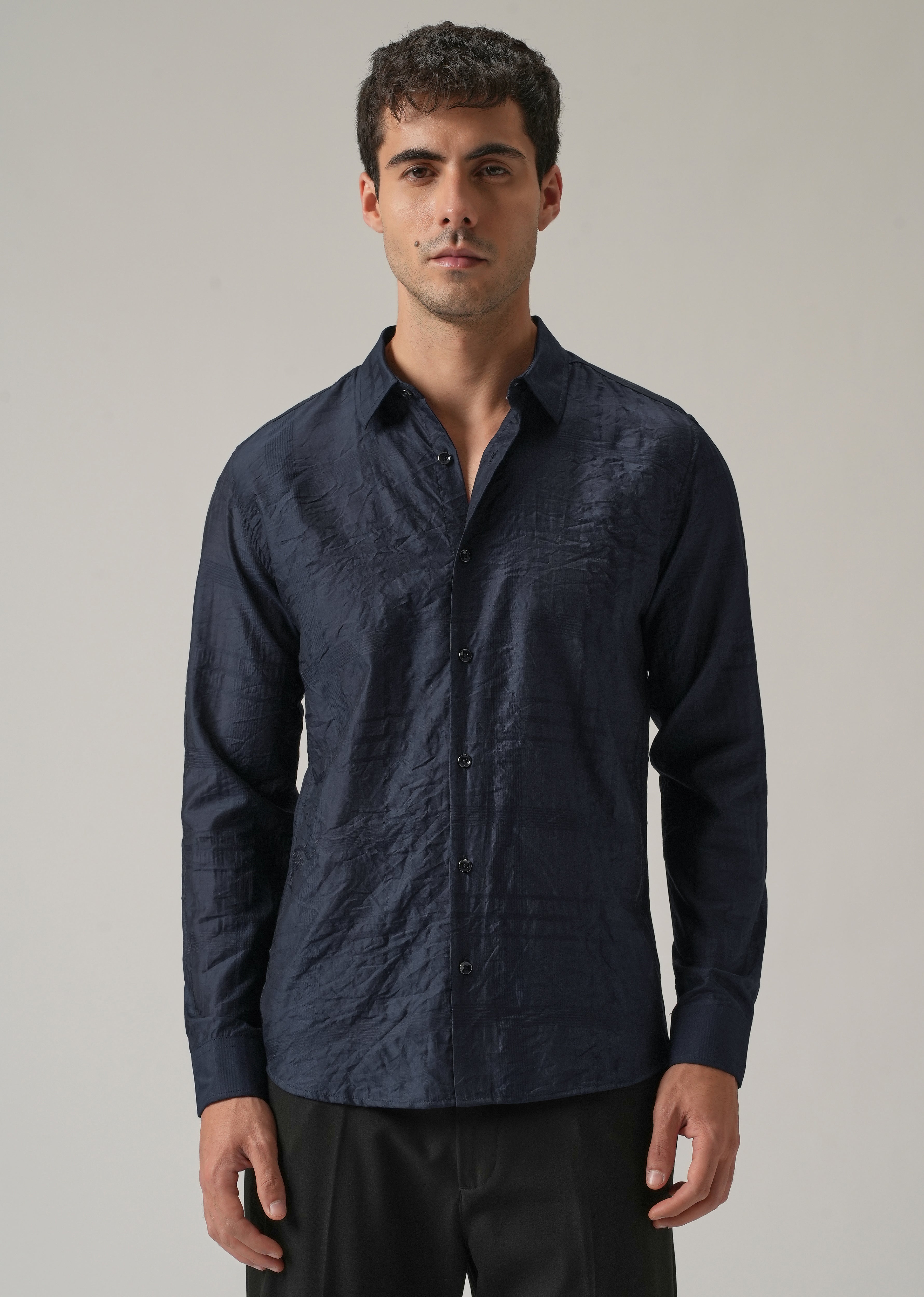 Blue Crinkled Self Stripe Shirt