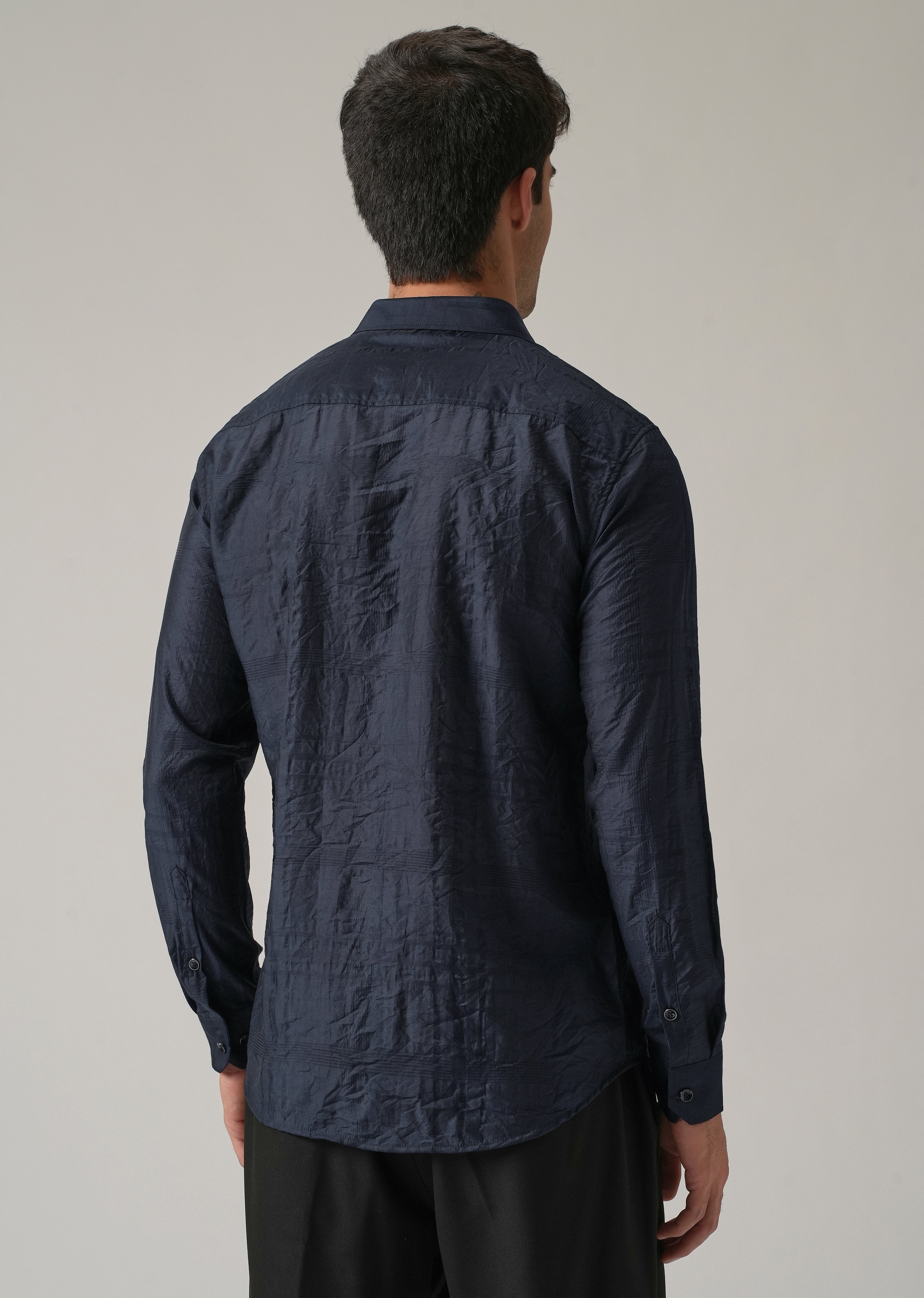 Blue Crinkled Self Stripe Shirt