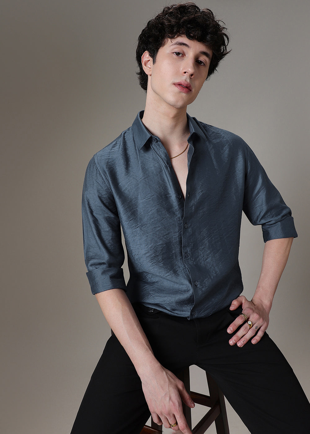 Blue Plain Crushed Satin Shirt