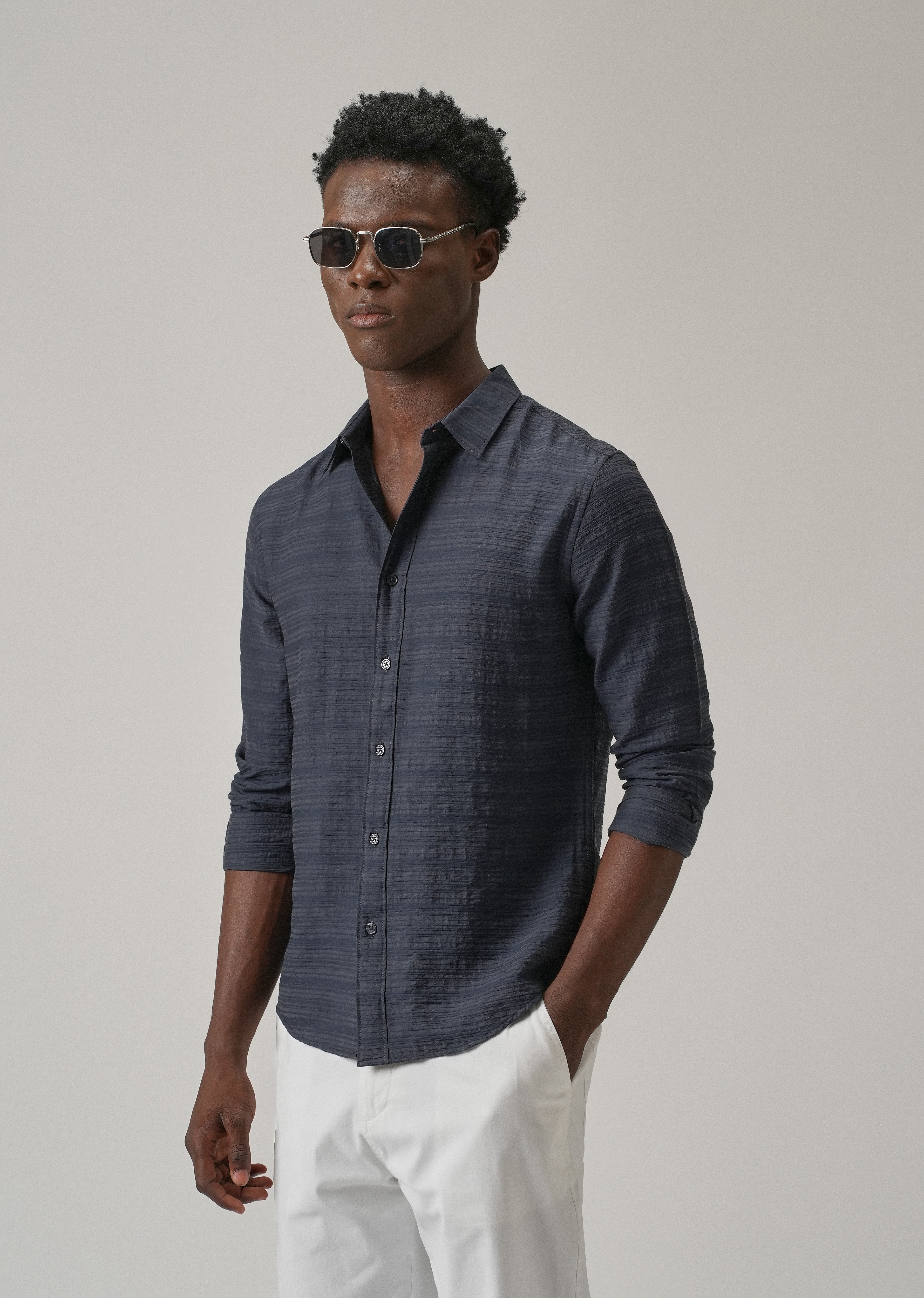 Blue Crushed Self Stripe Shirt