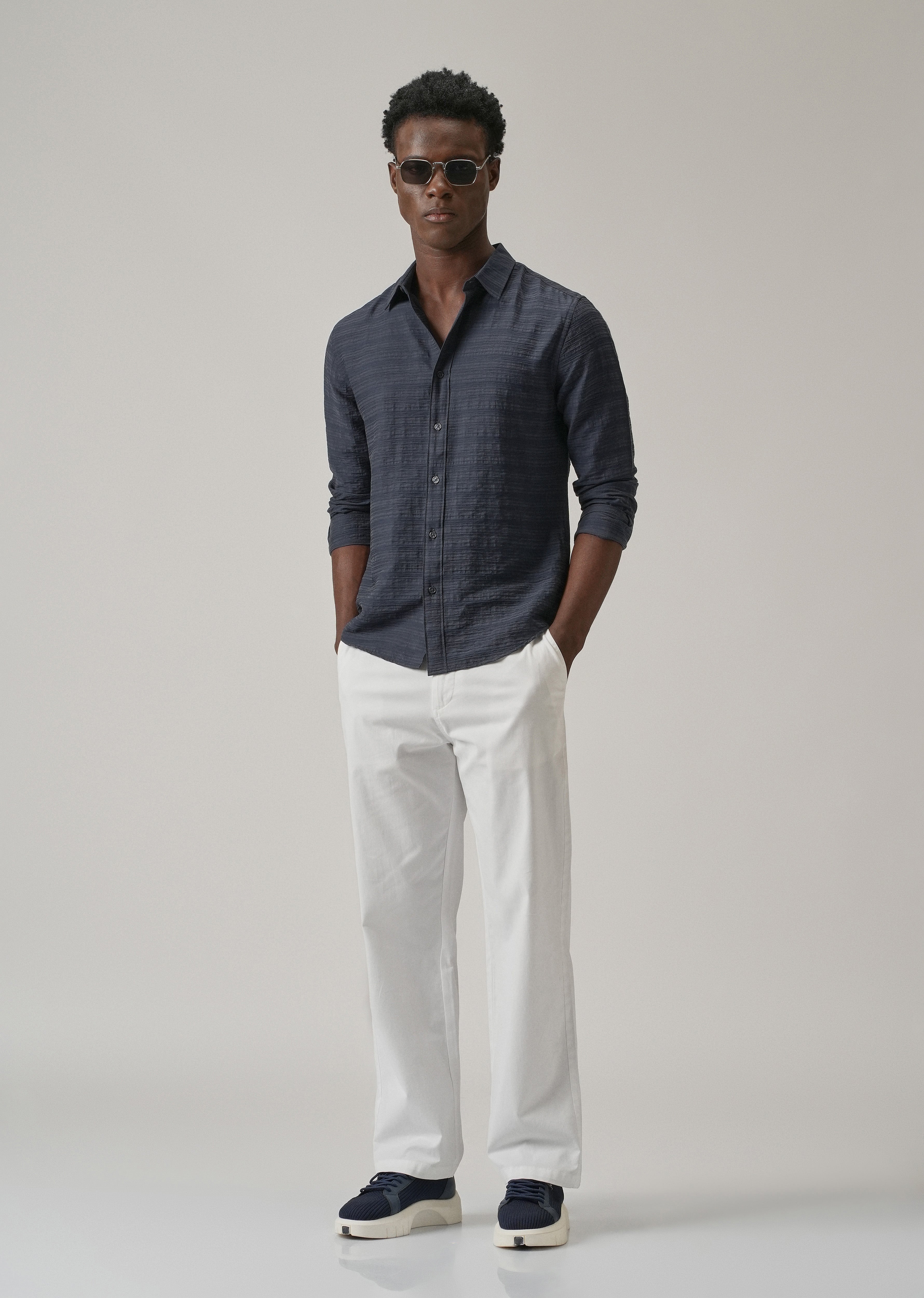 Blue Crushed Self Stripe Shirt