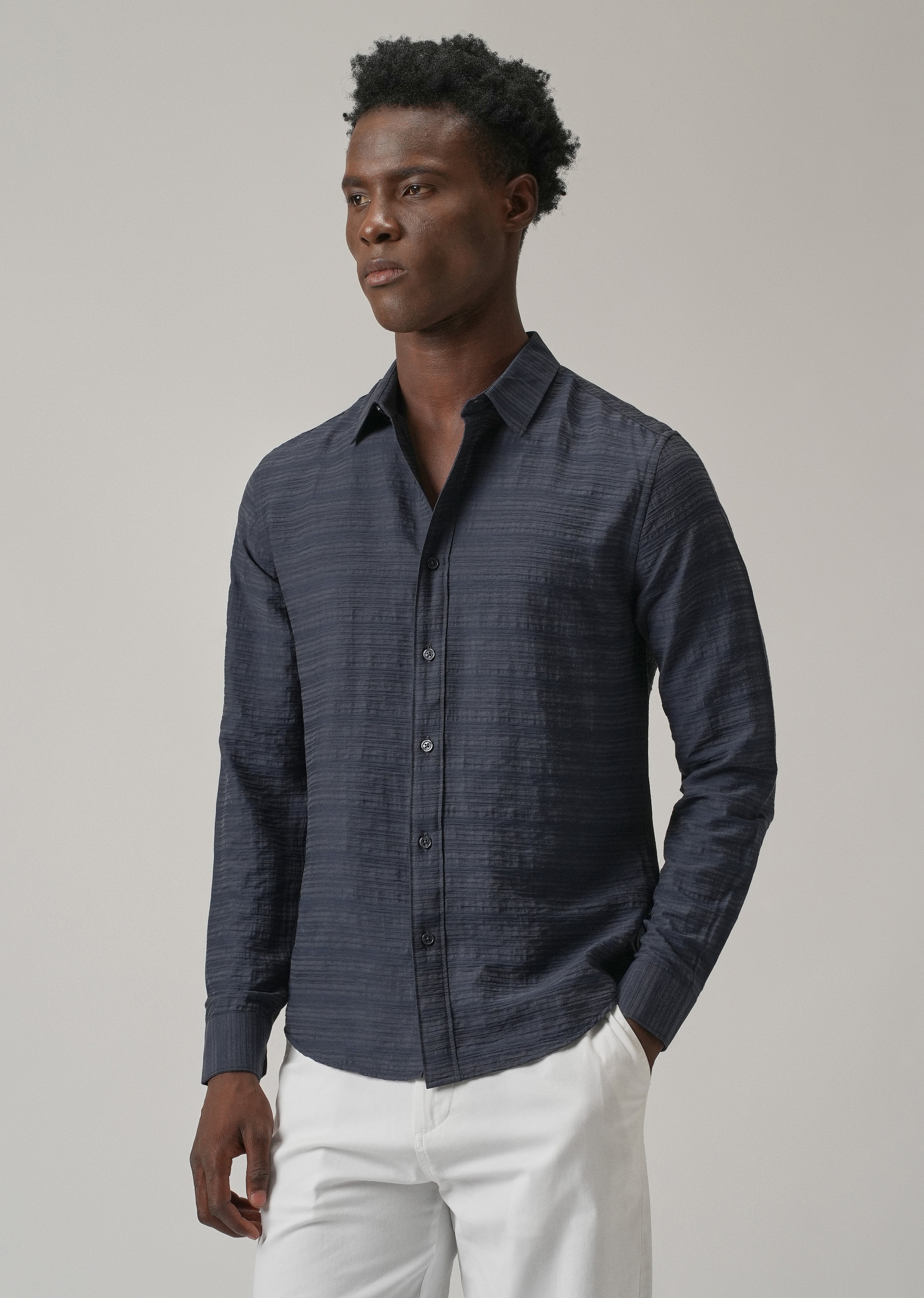 Blue Crushed Self Stripe Shirt
