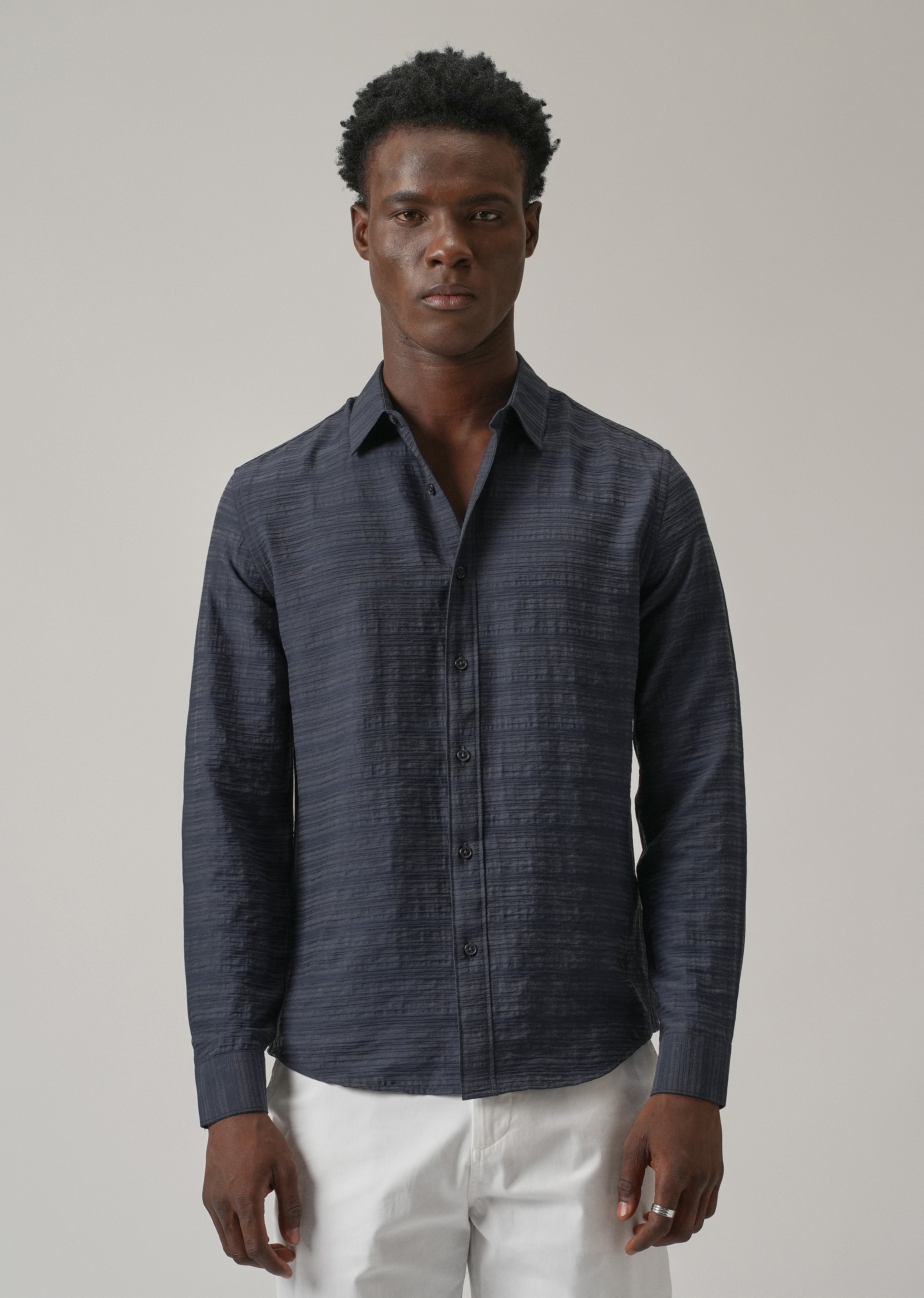 Blue Crushed Self Stripe Shirt