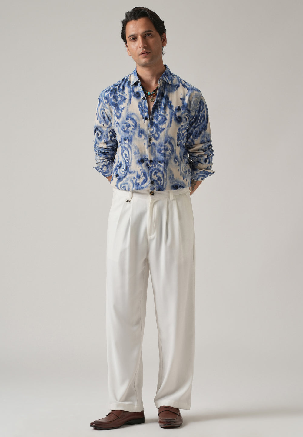 Blue Distort Paisley Print Feather Shirt