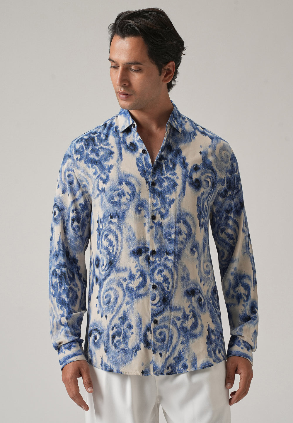 Blue Distort Paisley Print Feather Shirt