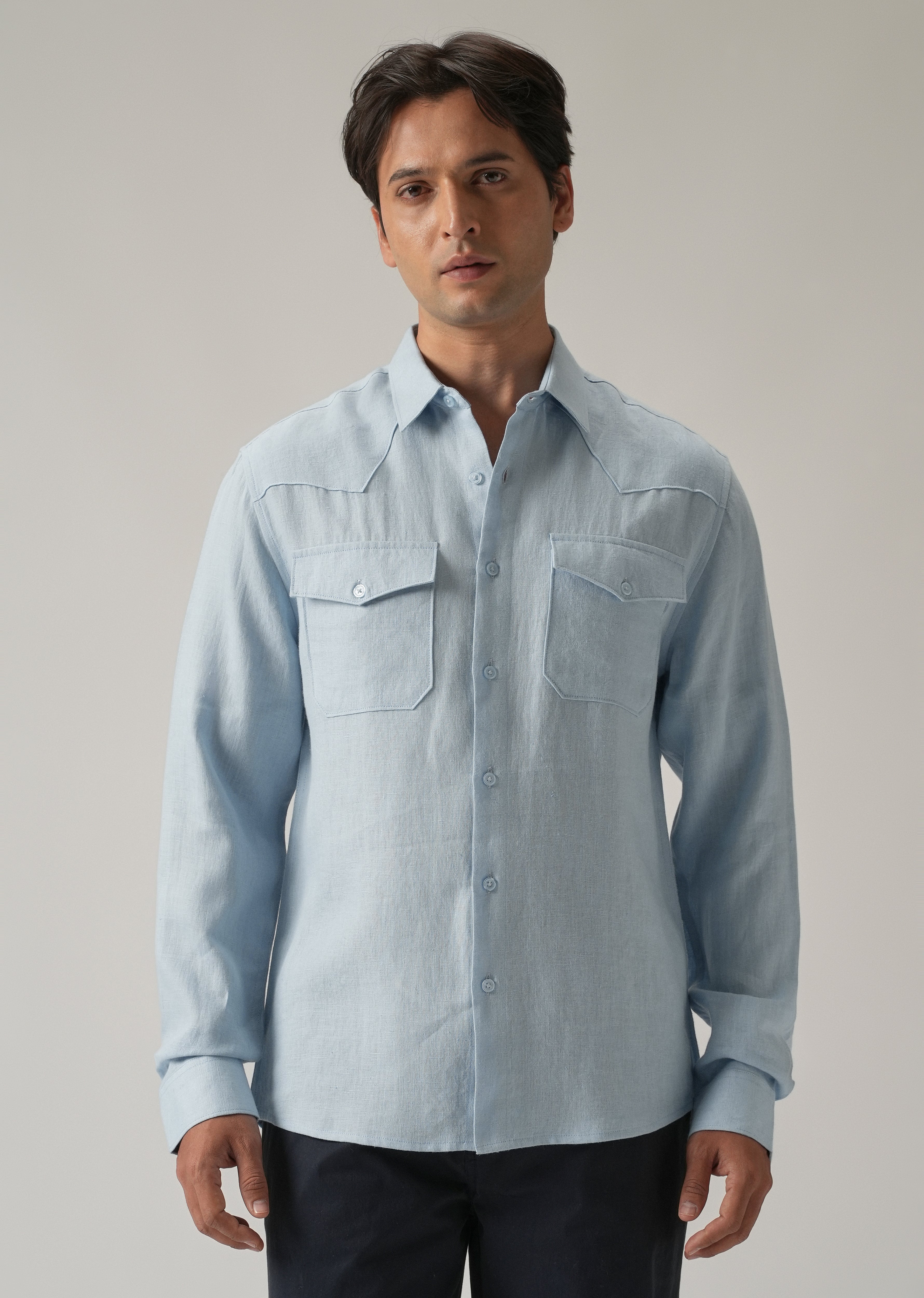 Blue Double Pocket 100% Pure Irish Linen Shirt