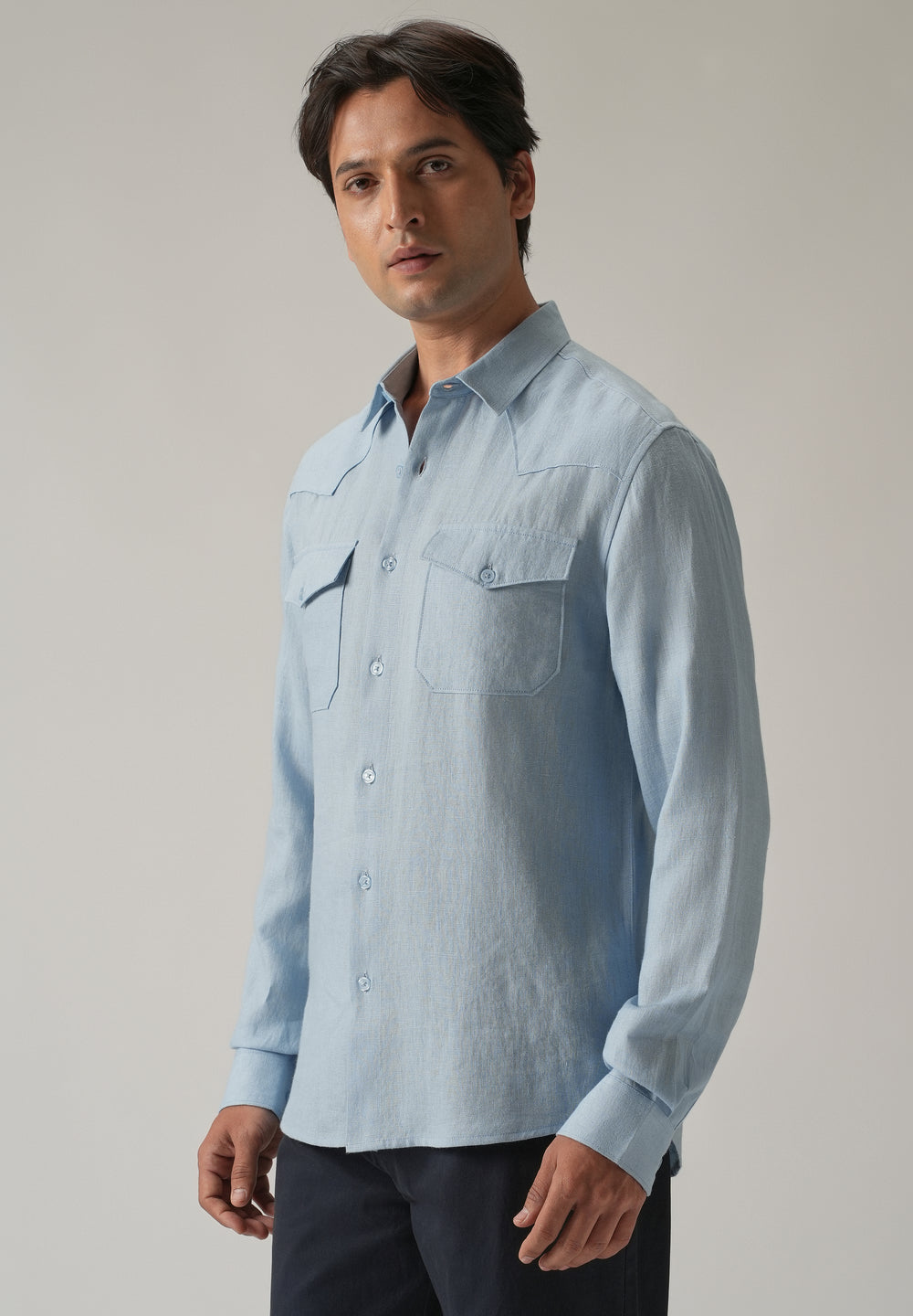 Blue Double Pocket 100% Pure Irish Linen Shirt