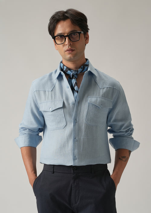 Blue Double Pocket 100% Pure Irish Linen Shirt