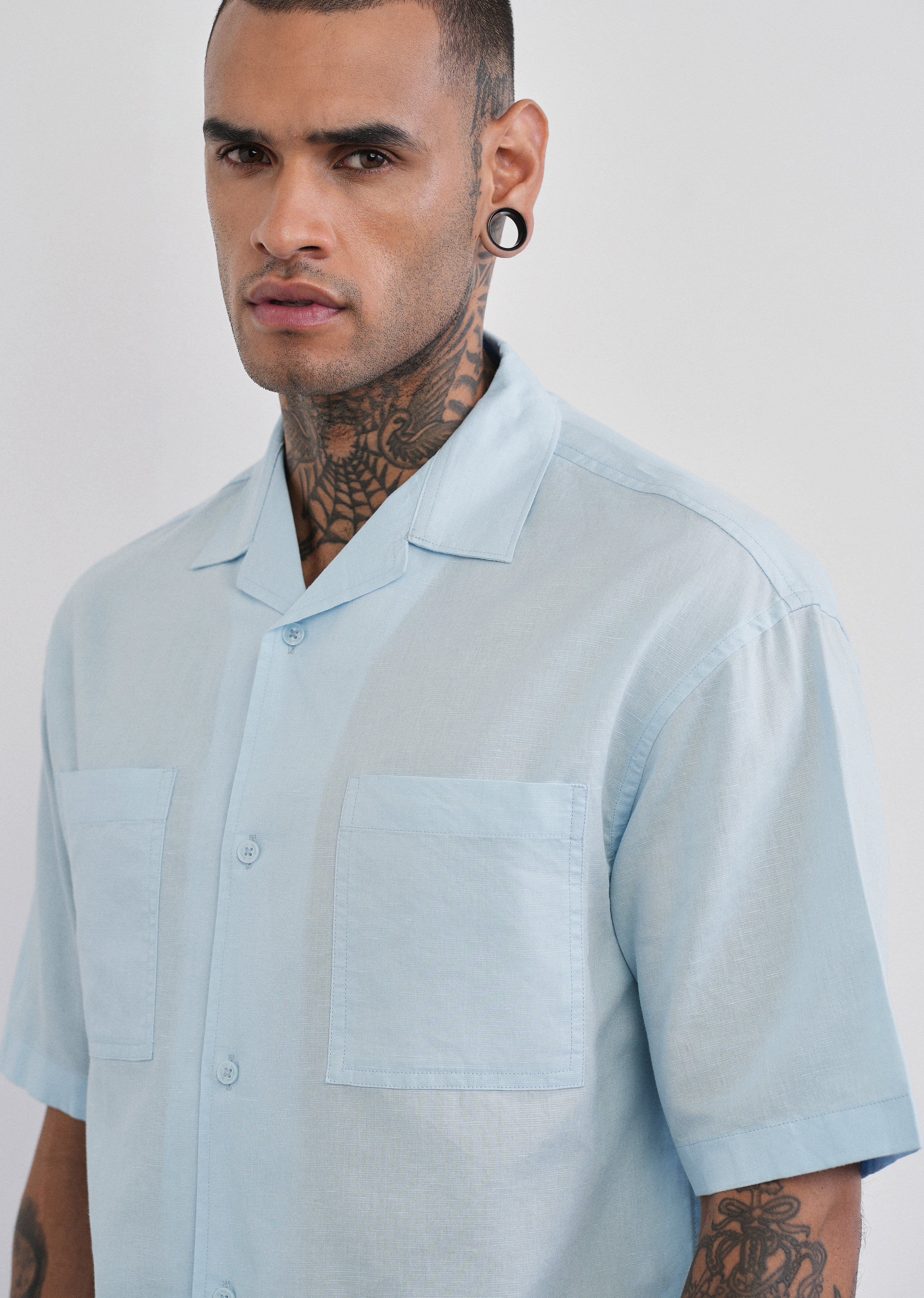 Blue Double Pocket Cotton Linen Shirt