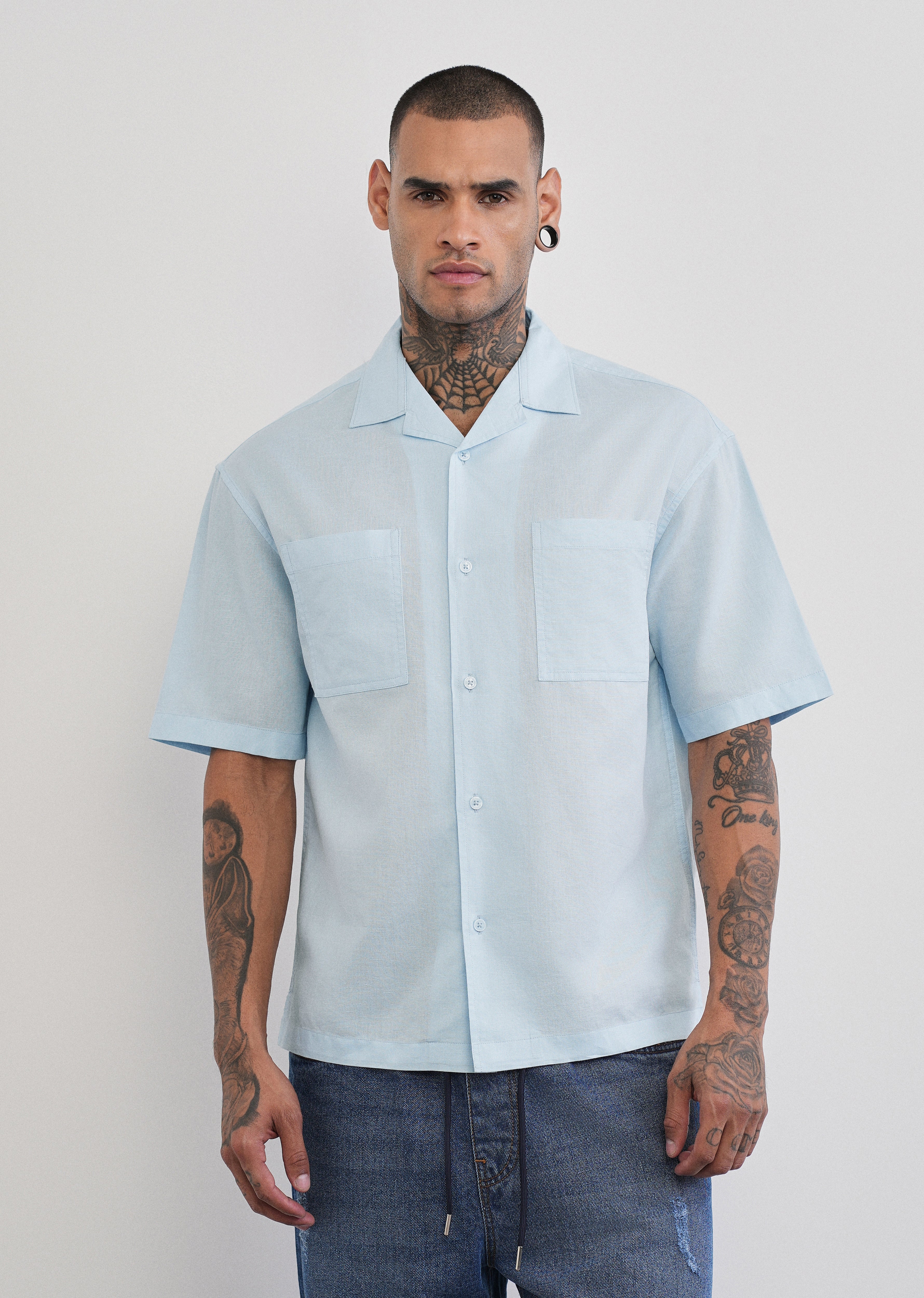 Blue Double Pocket Cotton Linen Shirt