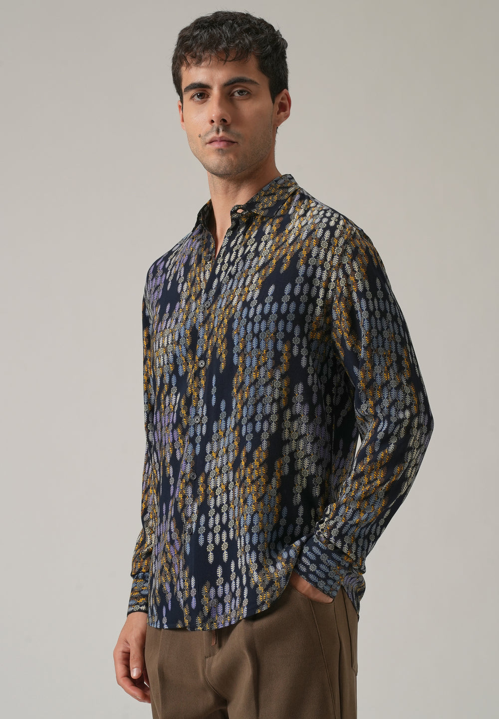 Blue Ethnic Print Feather Shirt