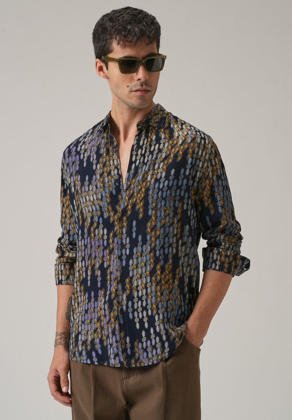 Blue Ethnic Print Feather Shirt