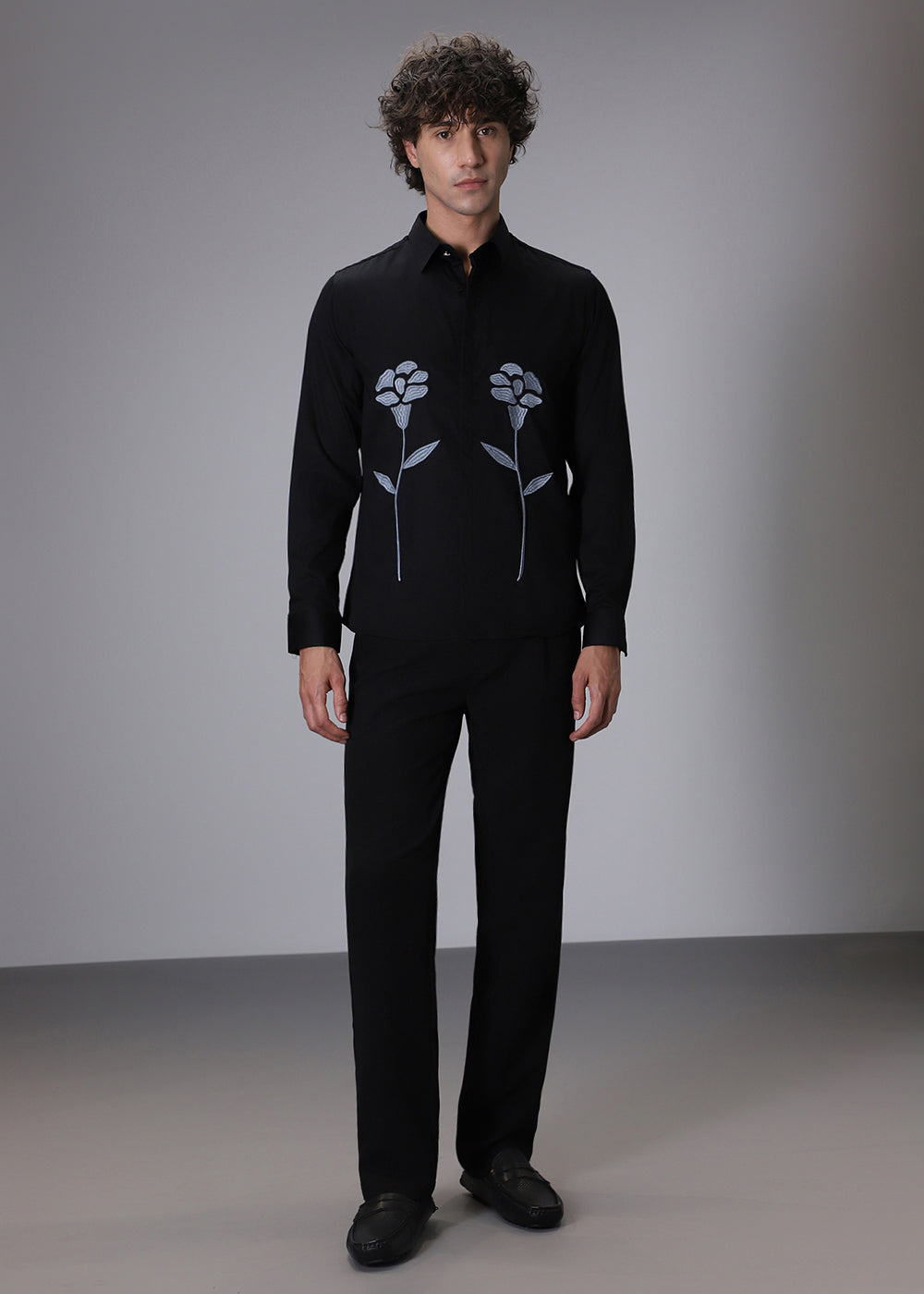 Blue Floral Embroidery Black Designer Shirt