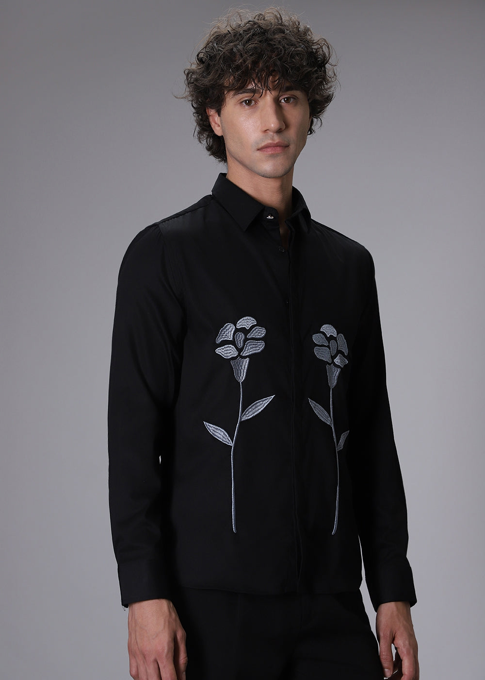 Blue Floral Embroidery Black Designer Shirt