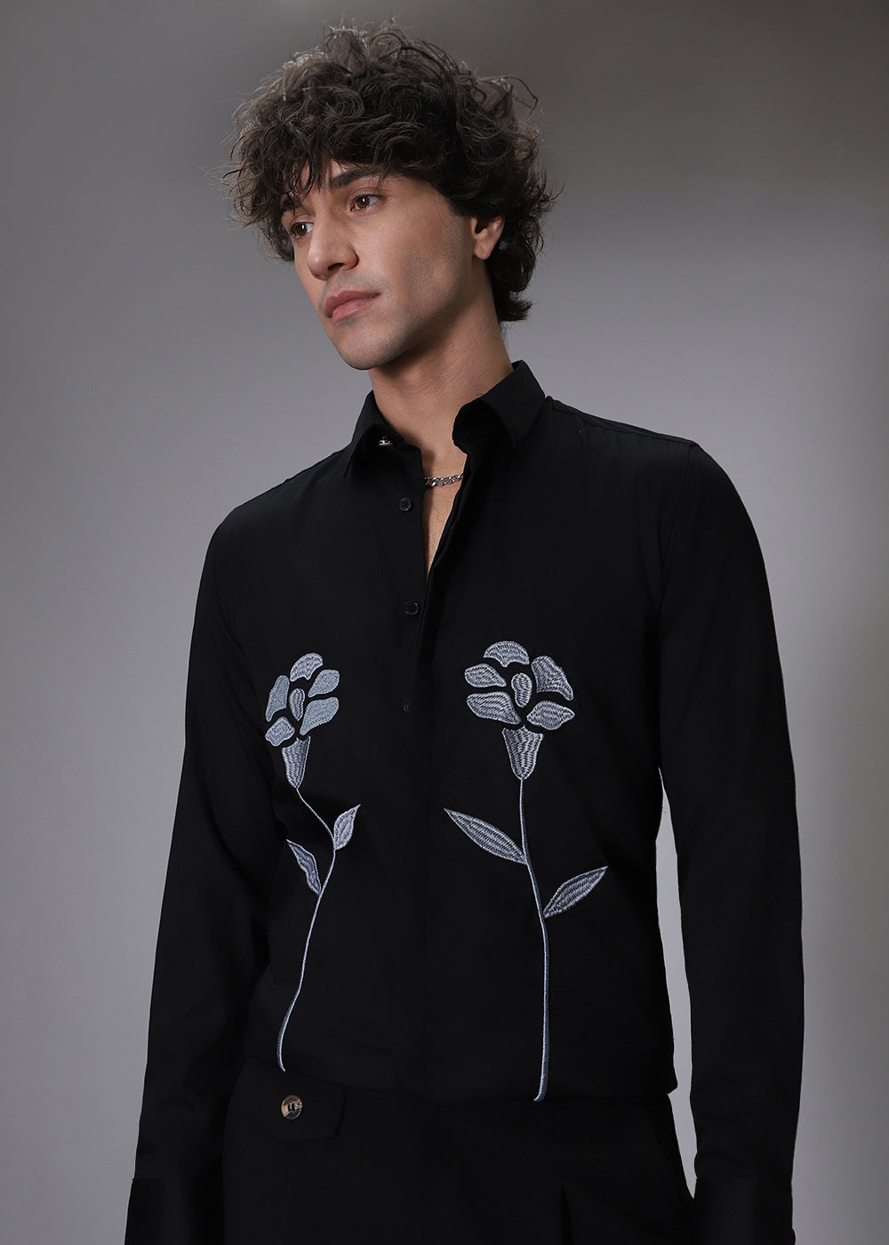 Blue Floral Embroidery Black Designer Shirt